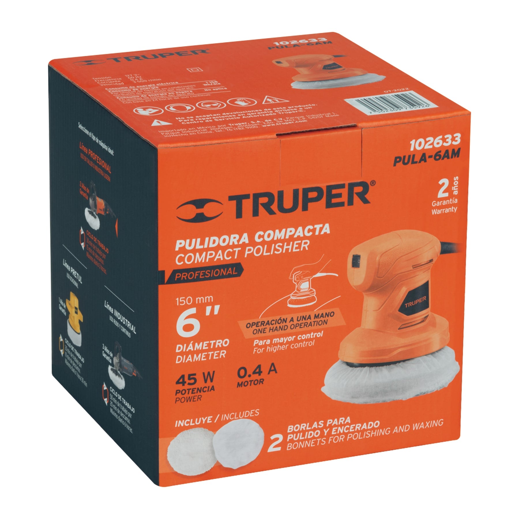 Pulidora roto-orbital compacta 6", 45W, TRUPER PRO