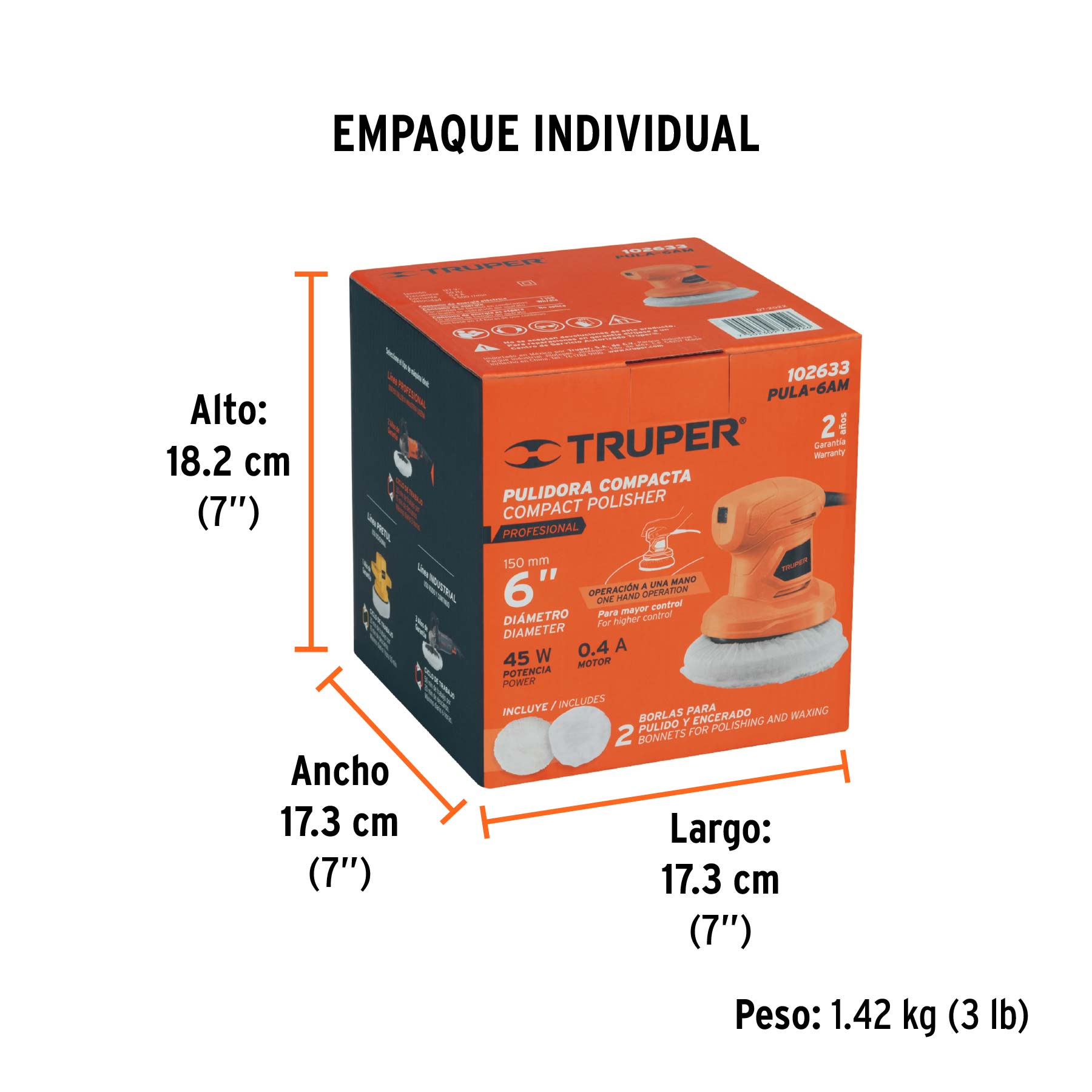 Pulidora roto-orbital compacta 6", 45W, TRUPER PRO - Empaque