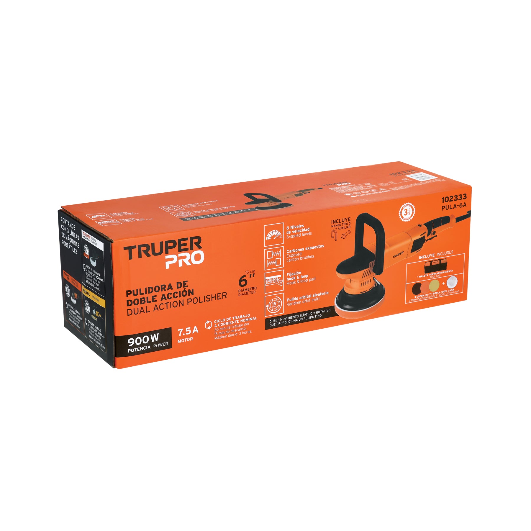 Pulidora doble acción 6", 900W, TRUPER PRO