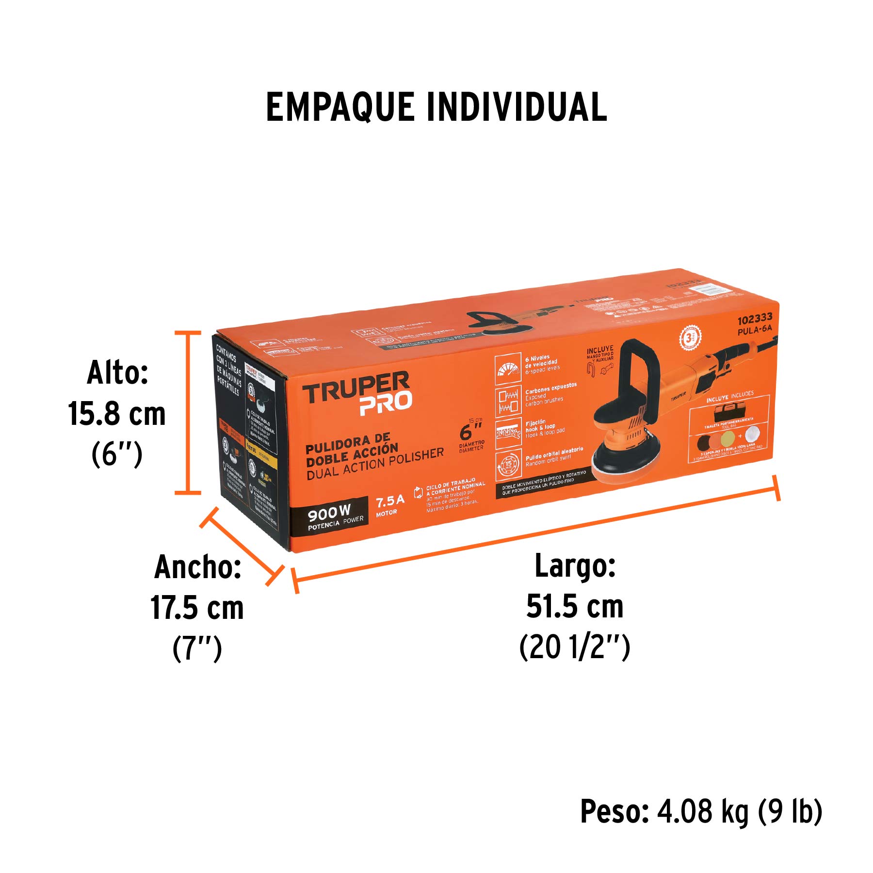 Pulidora doble acción 6", 900W, TRUPER PRO - Empaque