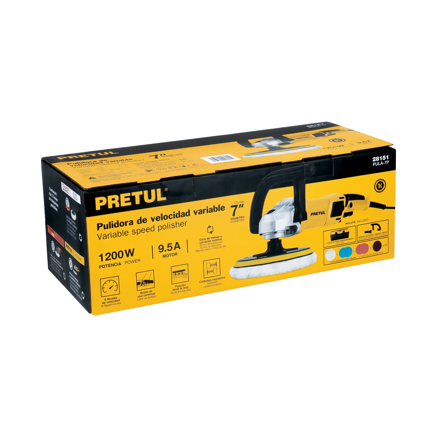 Pulidora rotativa 7", 1200W, con accesorios, PRETUL