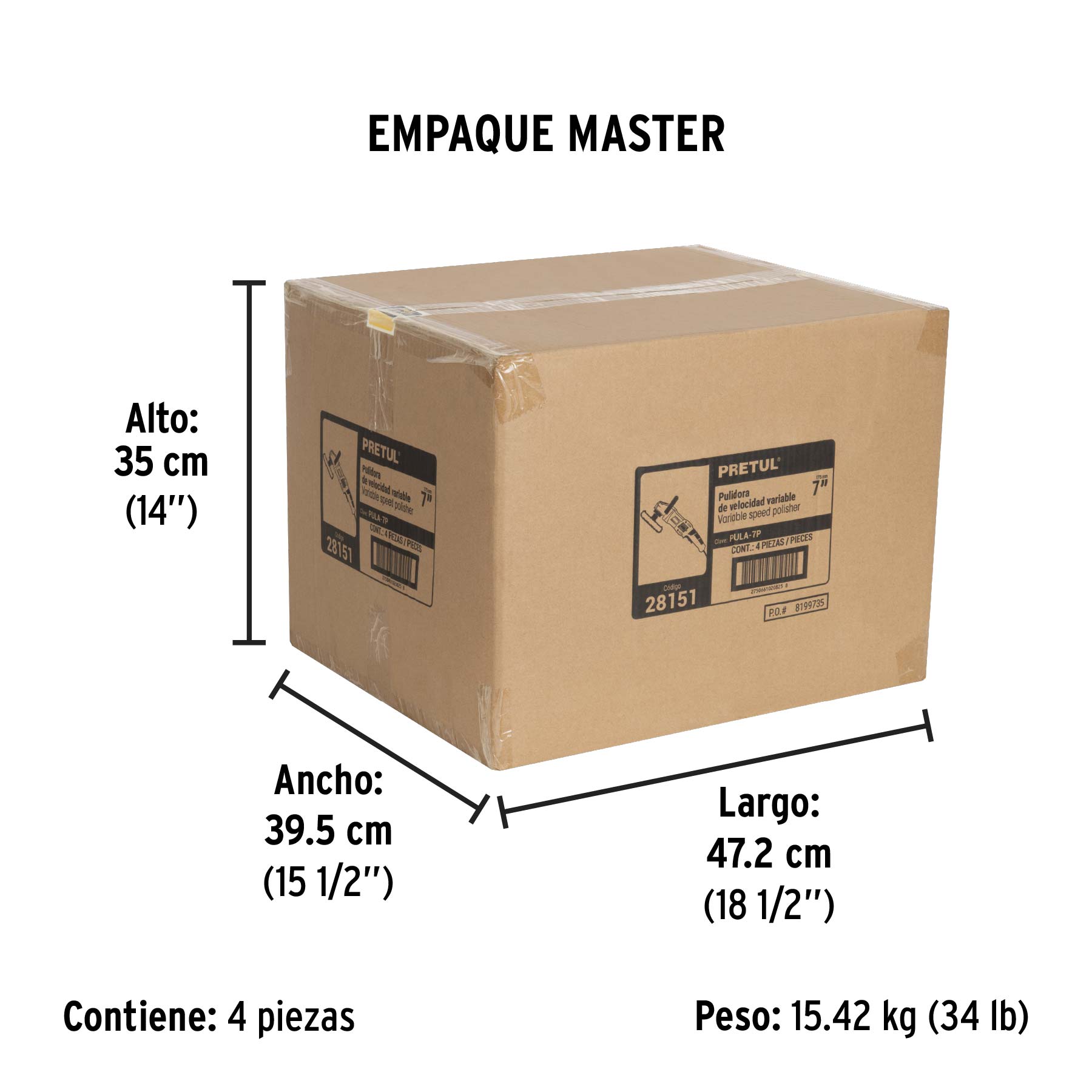 Pulidora rotativa 7", 1200W, con accesorios, PRETUL - Empaque