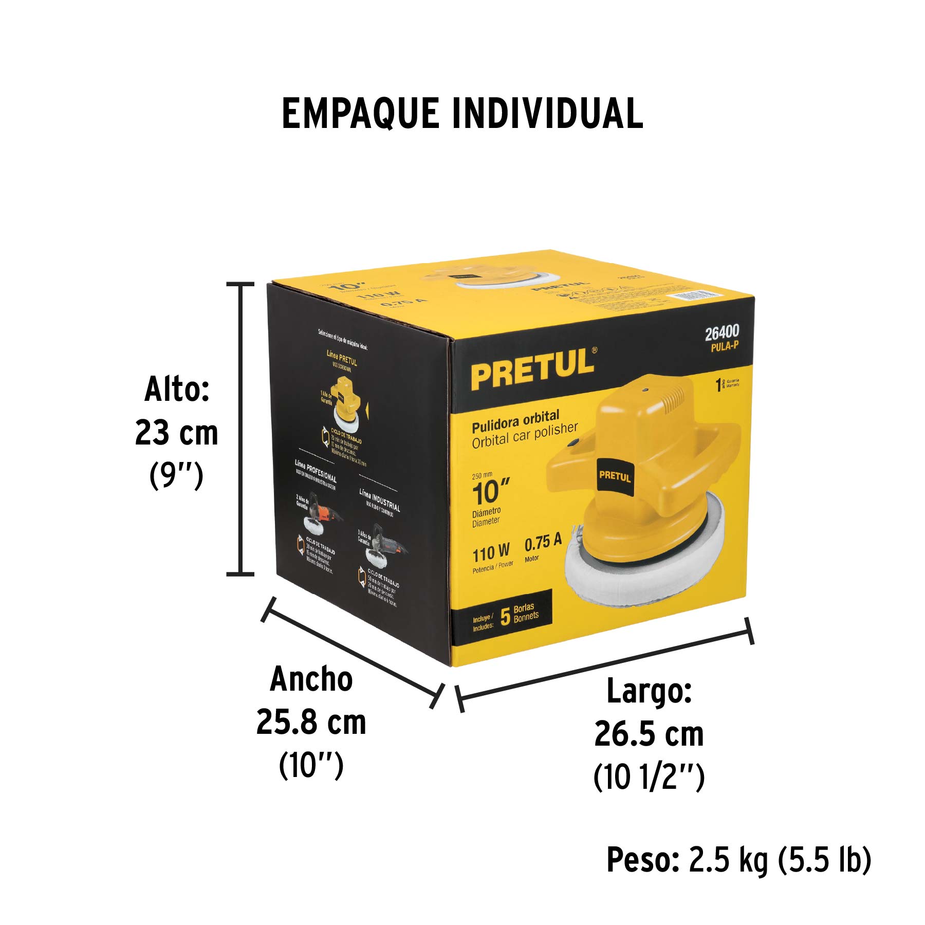 Pulidora roto-orbital 10", 110W, PRETUL - Empaque