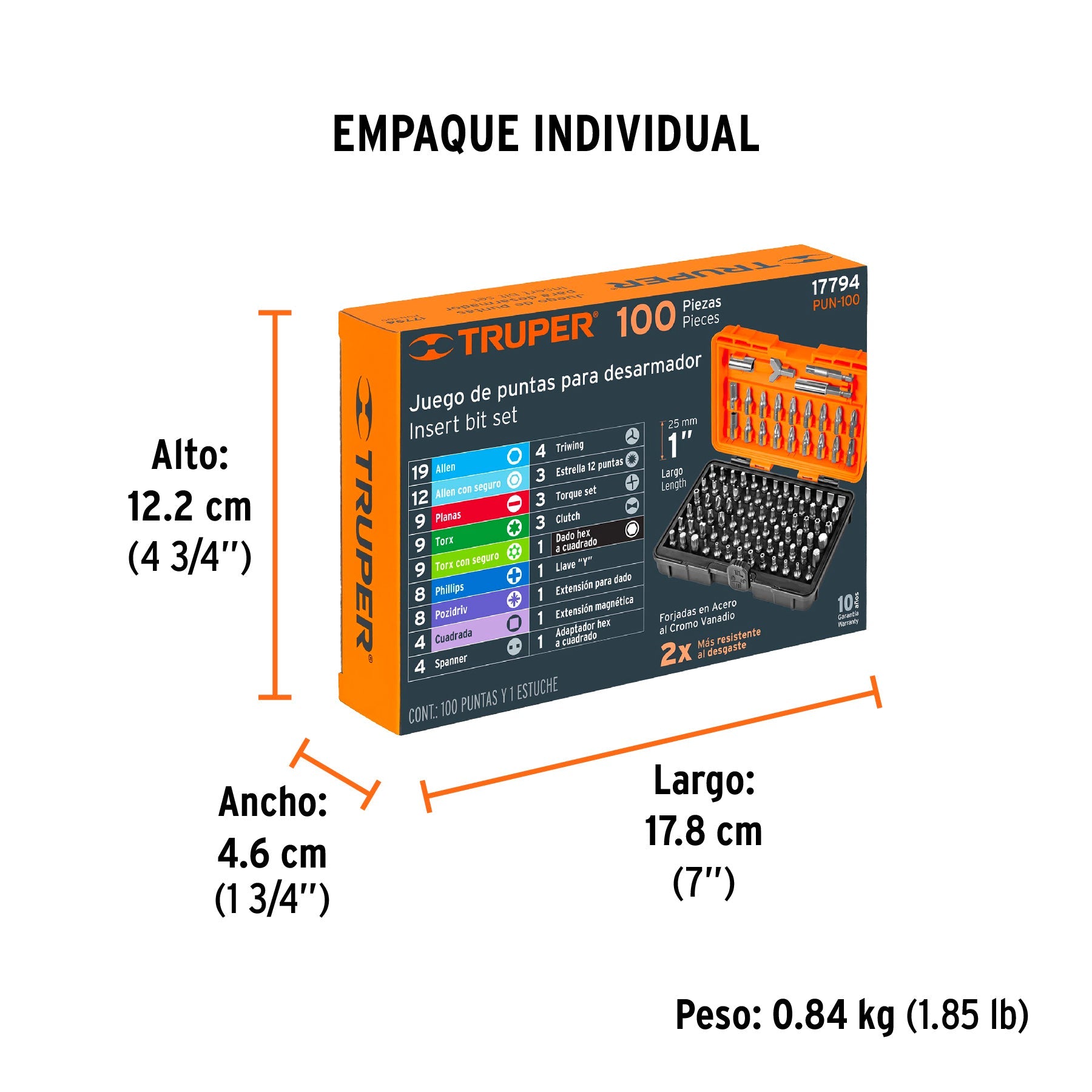 Juego de 100 puntas mixtas largo 1" en estuche plástico - Empaque