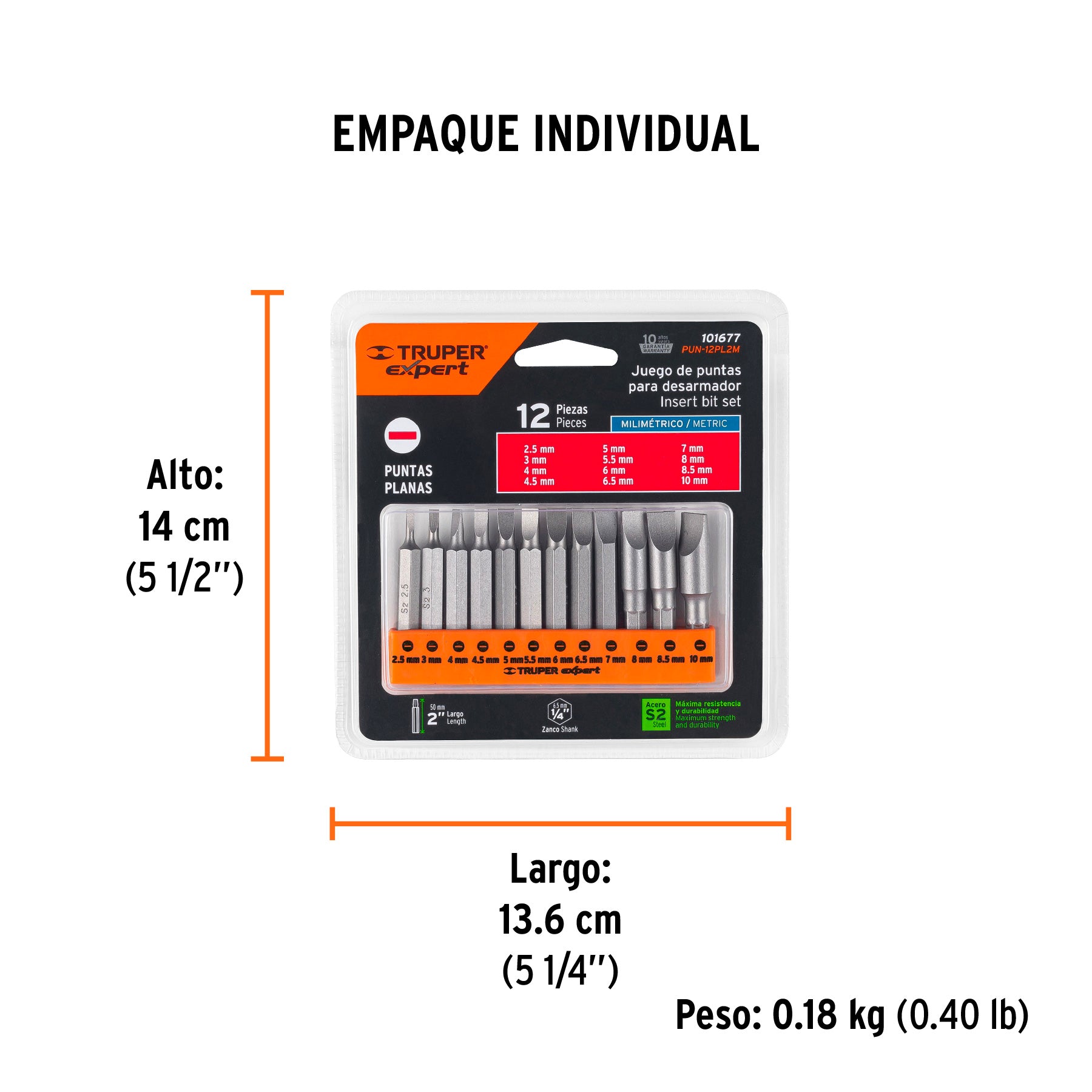 Juego de 12 puntas planas mm combinadas largo 2", EXPERT - Empaque