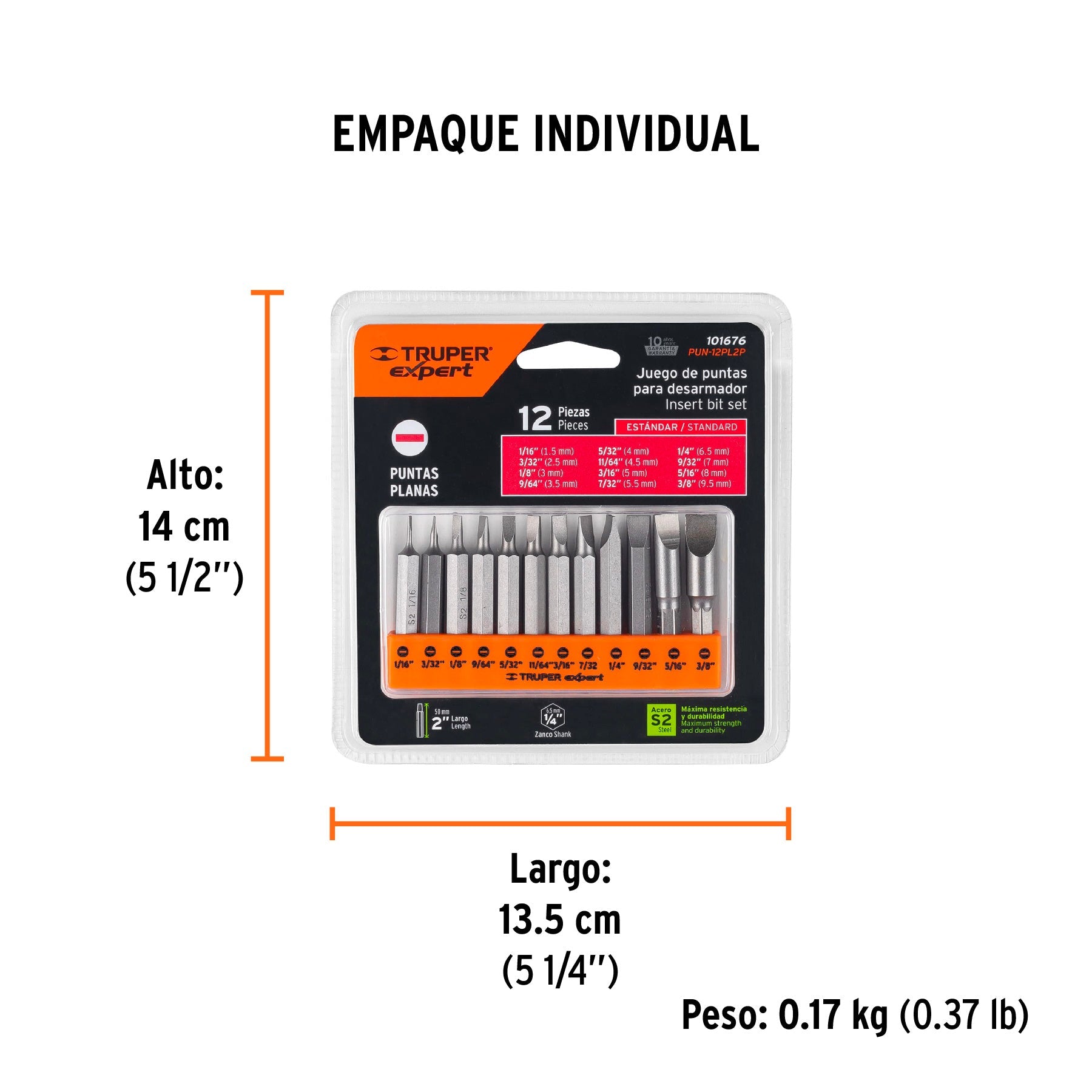 Juego de 12 puntas planas std combinadas largo 2", EXPERT - Empaque