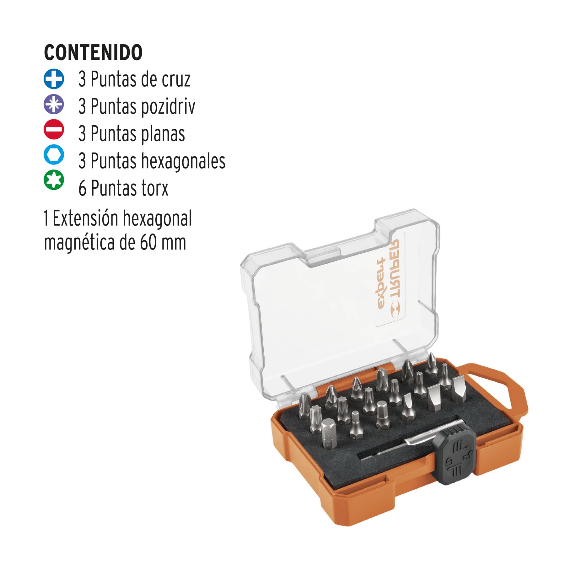 Juego de 19 puntas mixtas largo 1" estuche plástico, EXPERT