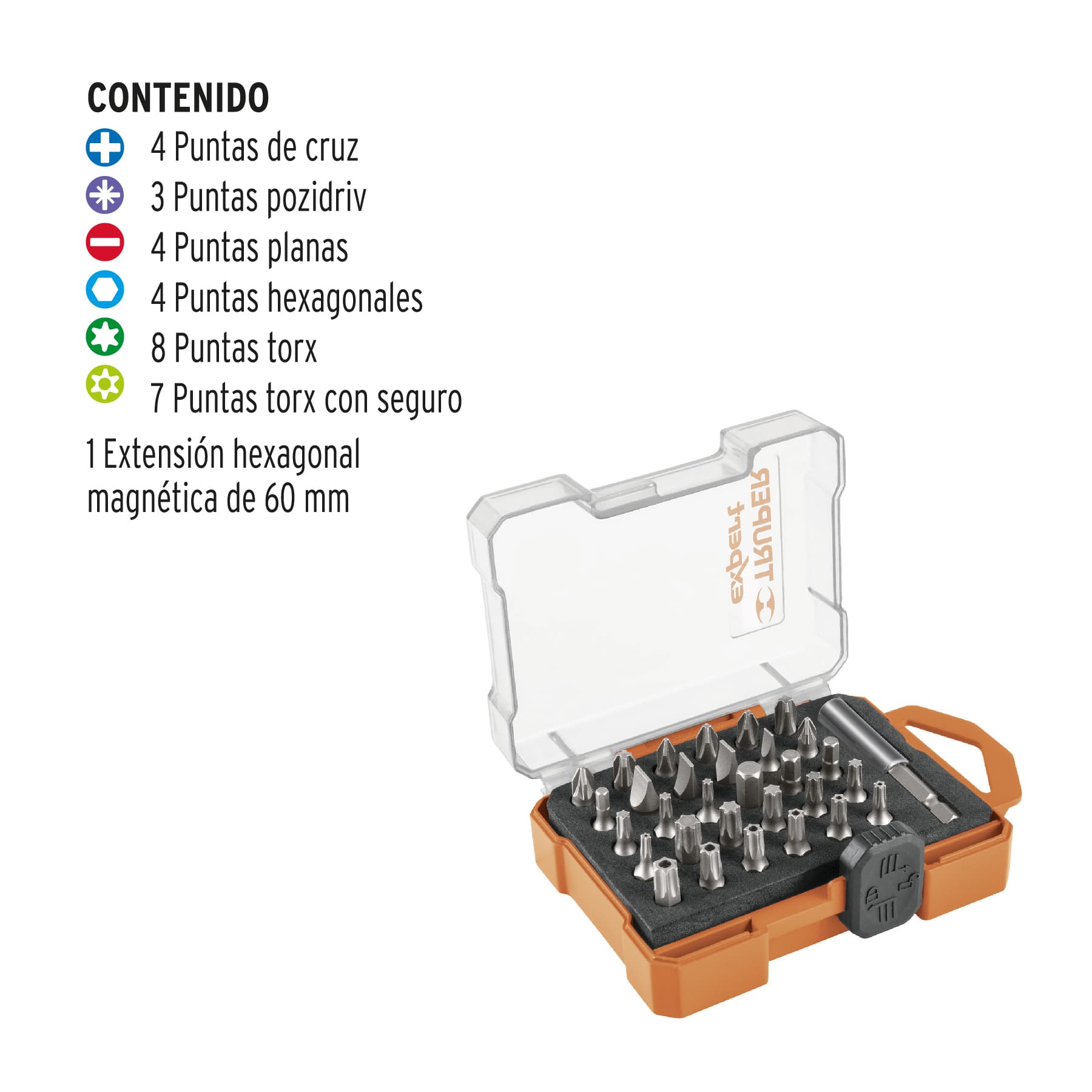 Juego de 31 puntas mixtas largo 1" estuche plástico, EXPERT