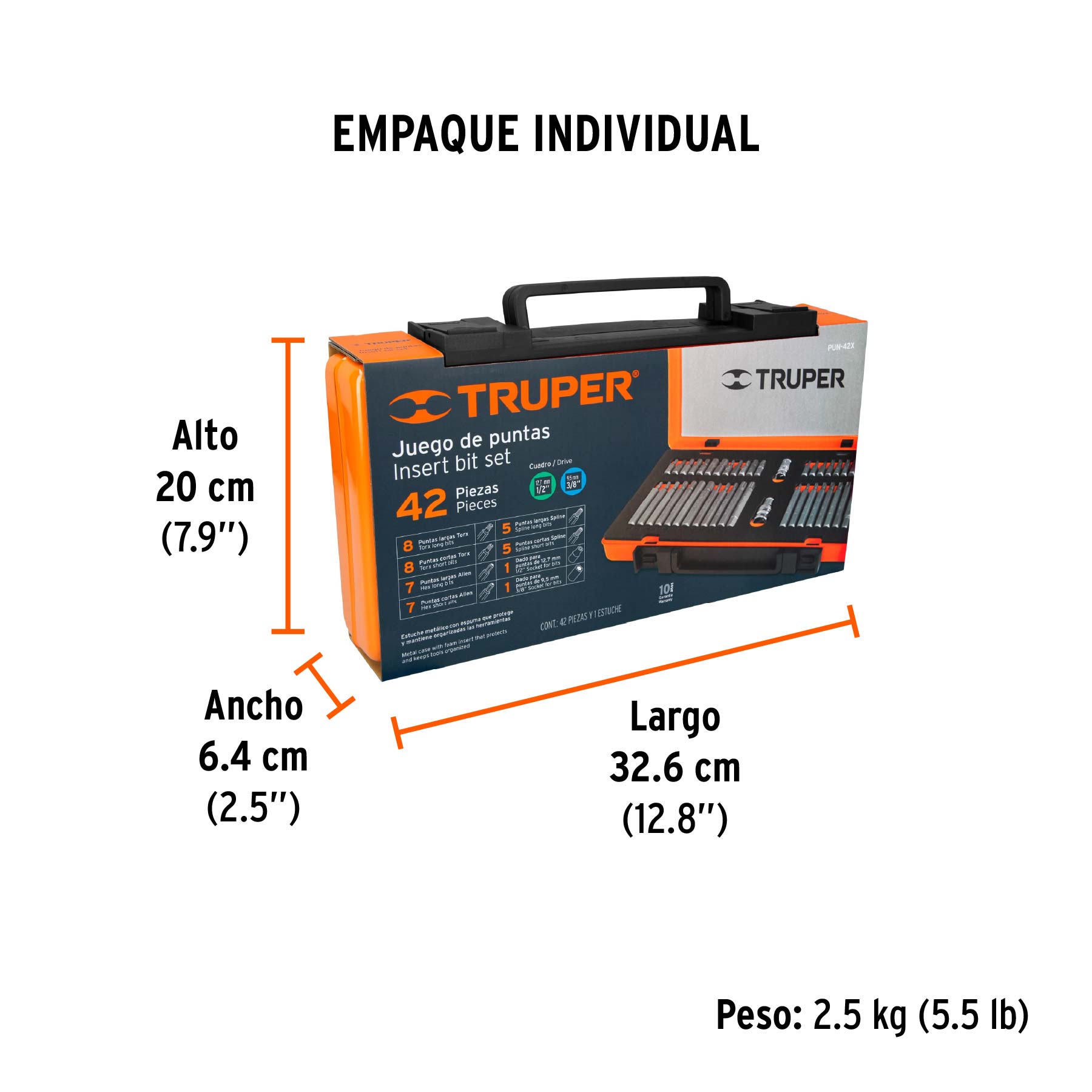 Juego 42 puntas 1/2" y 3/8" de 75 y 30 mm estuche metálico - Empaque