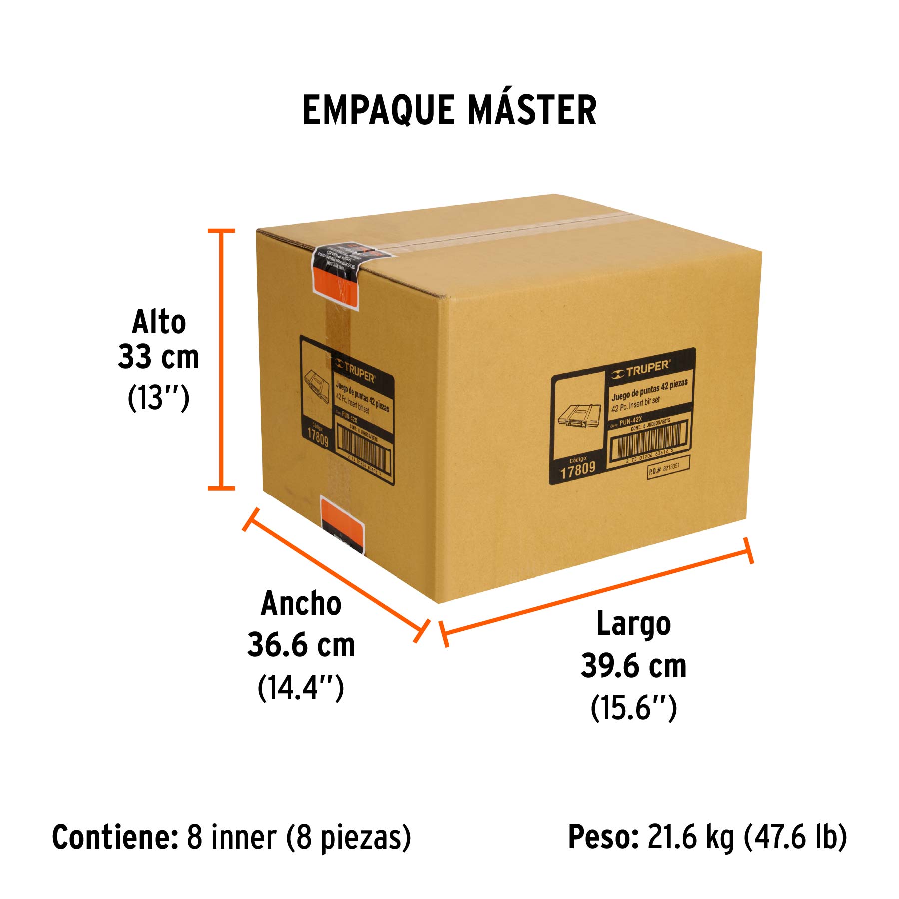 Juego 42 puntas 1/2" y 3/8" de 75 y 30 mm estuche metálico - Empaque