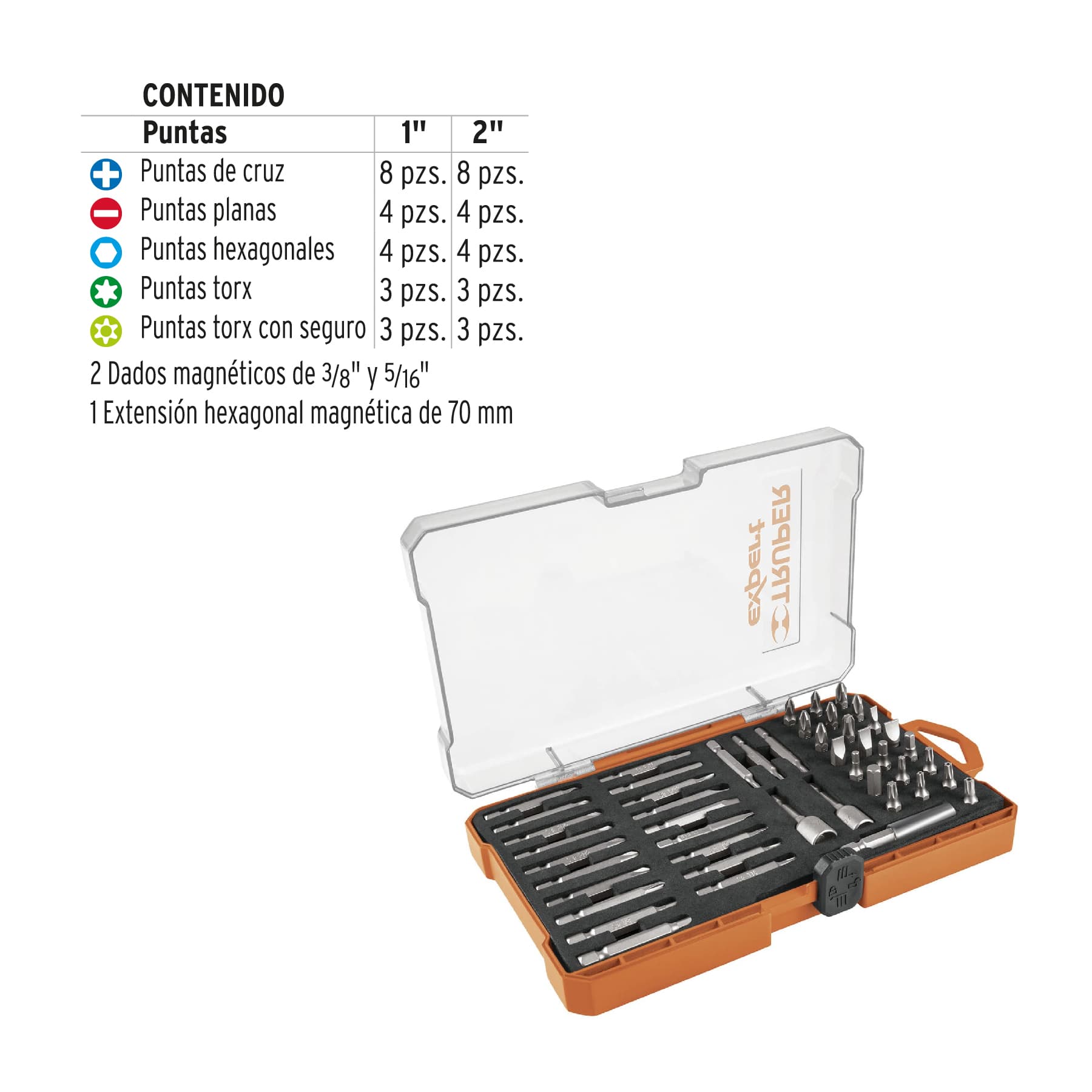 Juego de 47 puntas mixtas largos 1" y 2" en estuche, EXPERT