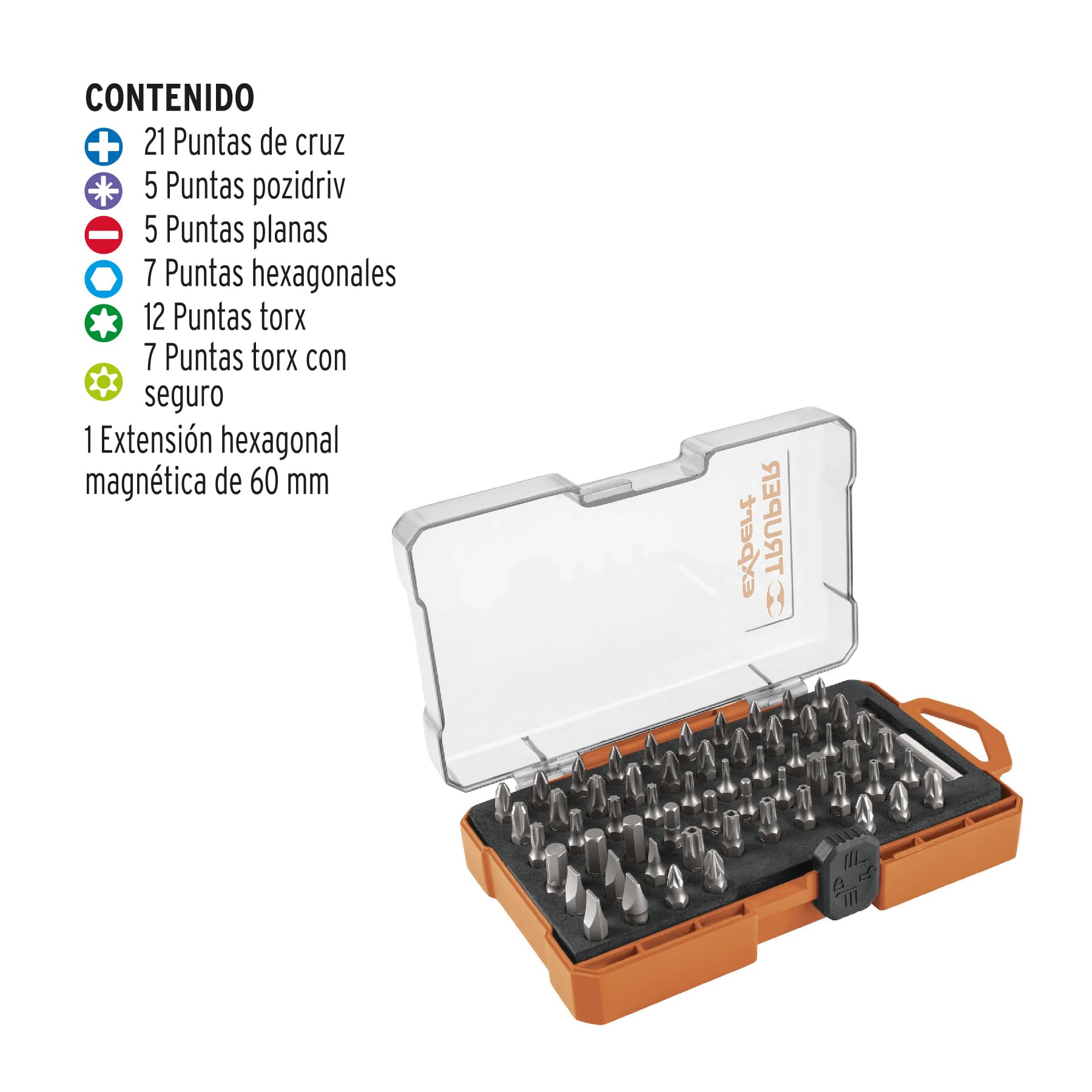 Juego de 58 puntas mixtas largo 1" estuche plástico, EXPERT