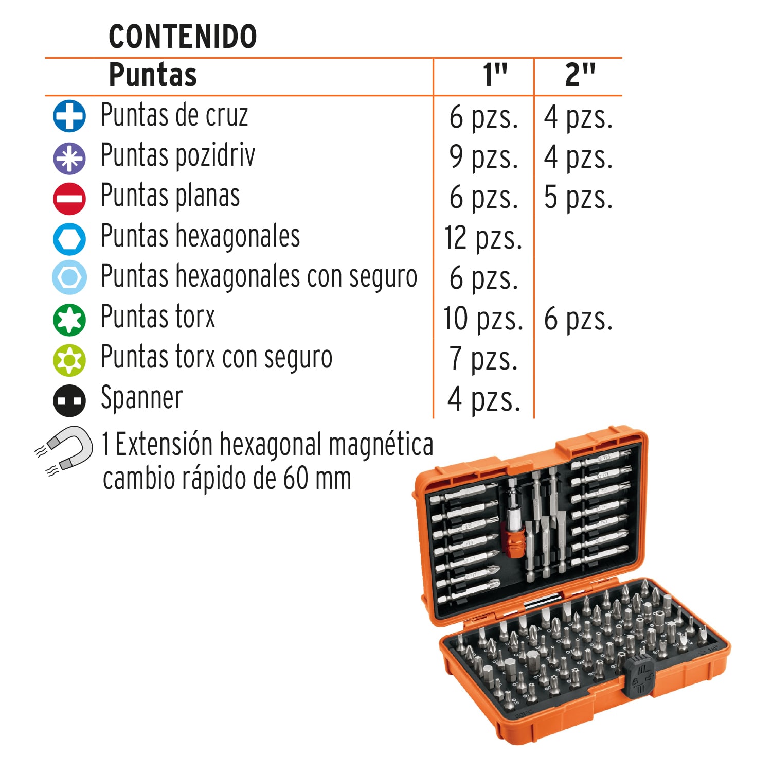 Juego de puntas mixtas 1" y 2", 80 piezas, TRUPER EXPERT