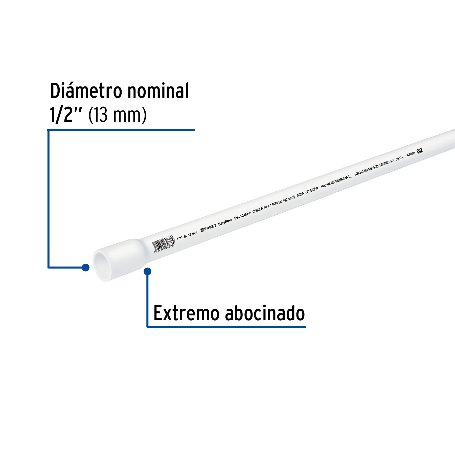 Tubo de 1/2" PVC hidráulico cédula 40, 3m, 0.7kg, FOSET