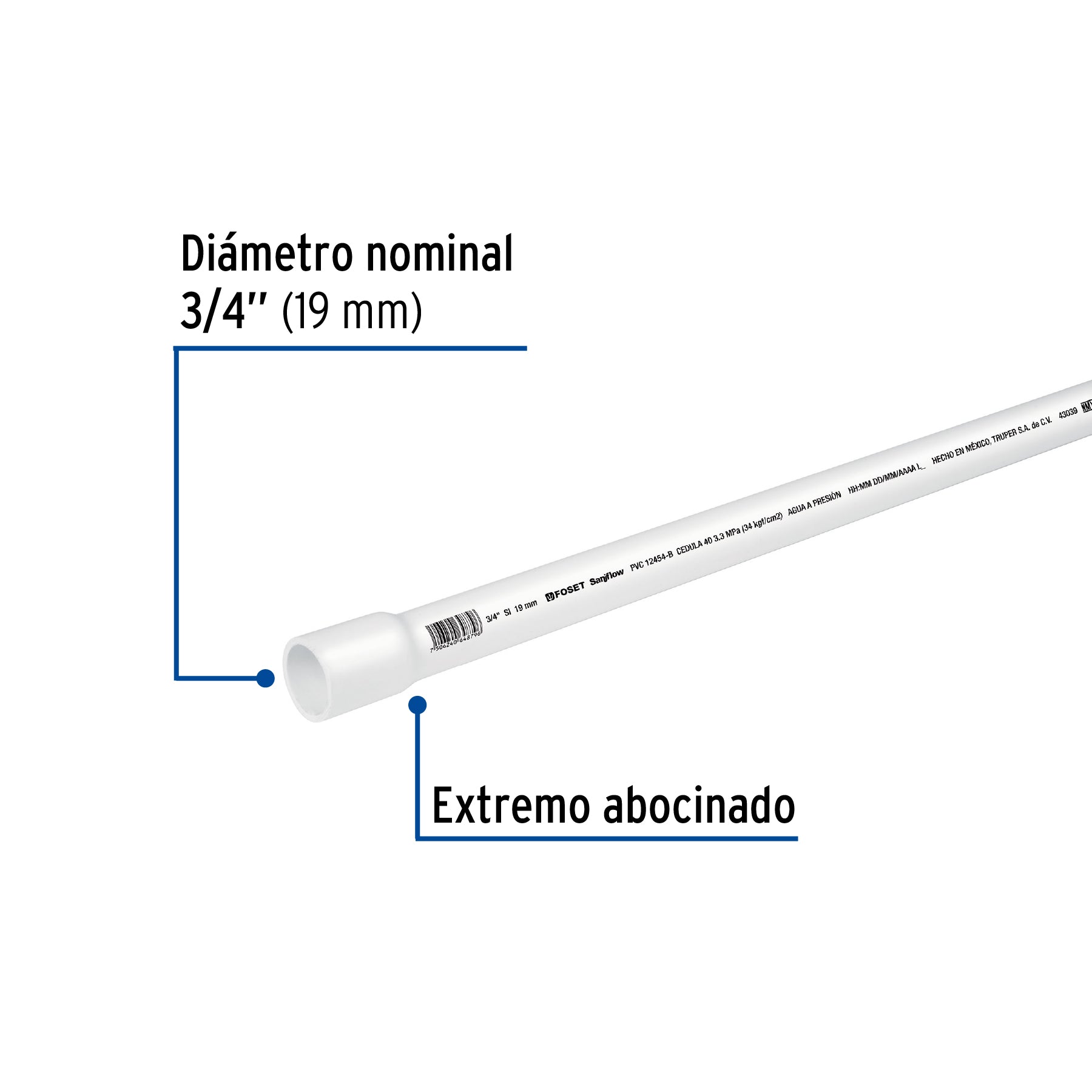 Tubo de 3/4" PVC hidráulico cédula 40, 3m, 1kg, FOSET