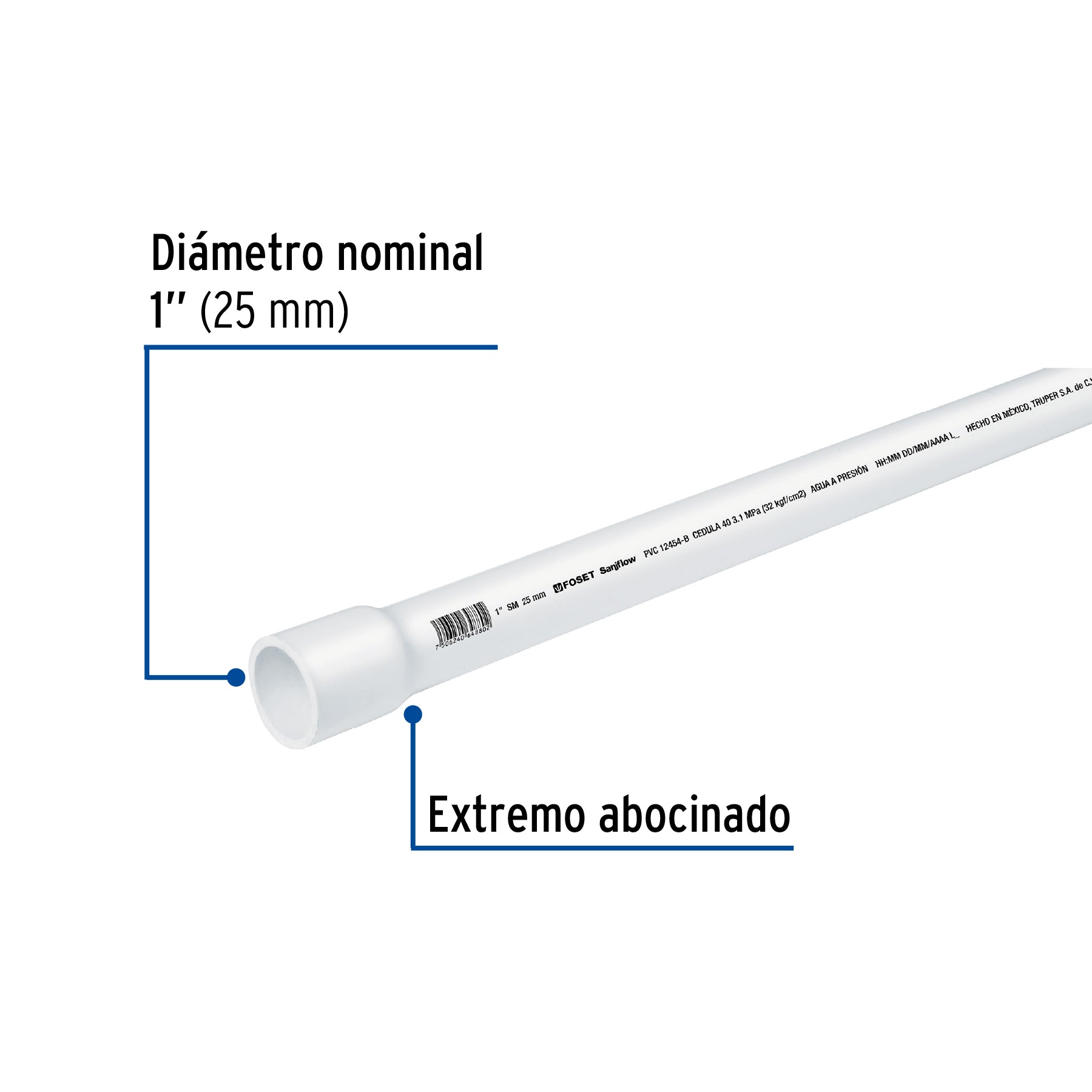 Tubo de 1" PVC hidráulico cédula 40, 3m, 1.4kg, FOSET