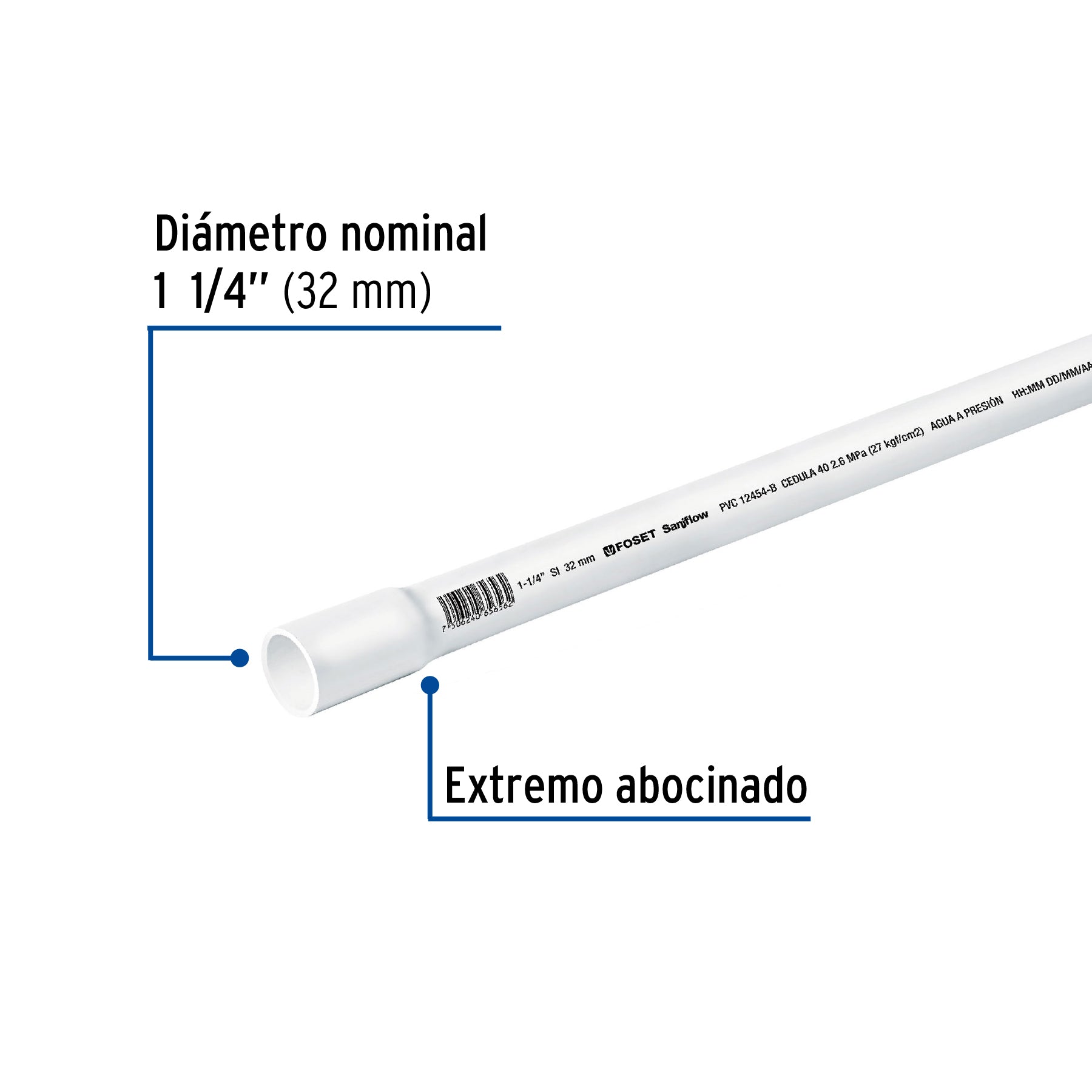 Tubo de 1-1/4" PVC hidráulico cédula 40, 3m, 1.9kg, FOSET
