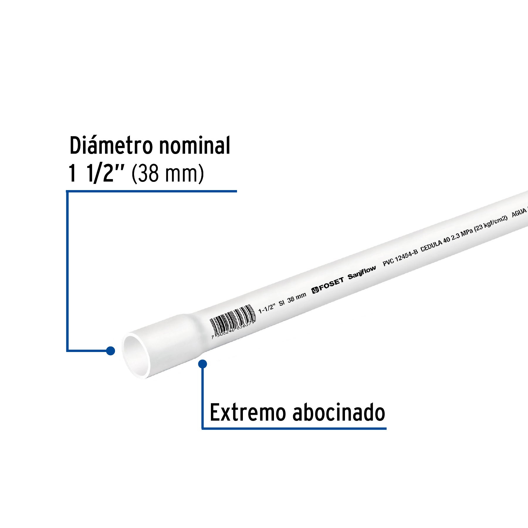 Tubo de 1-1/2" PVC hidráulico cédula 40, 3m, 2.3kg, FOSET