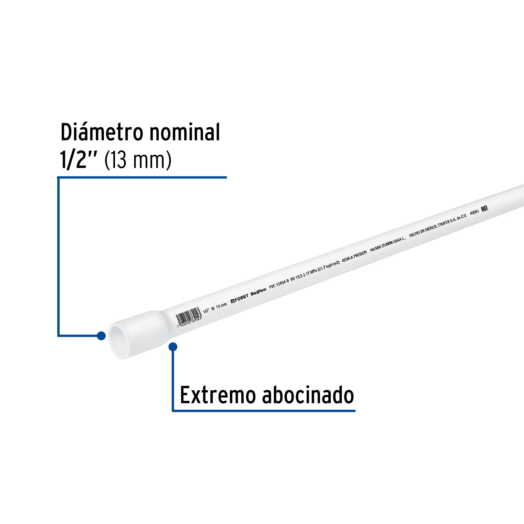 Tubo de 1/2" PVC hidráulico RD 21, 3m, 0.25kg, FOSET