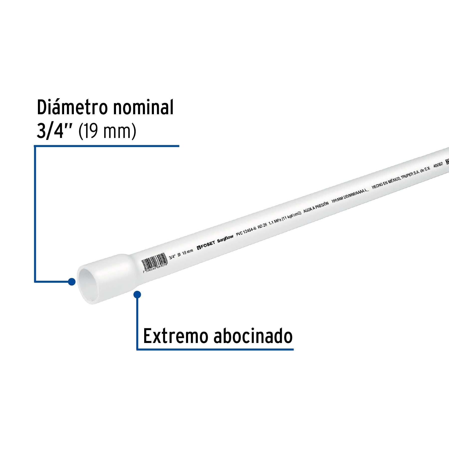 Tubo de 3/4" PVC hidráulico RD 26, 3m, 0.5kg, FOSET