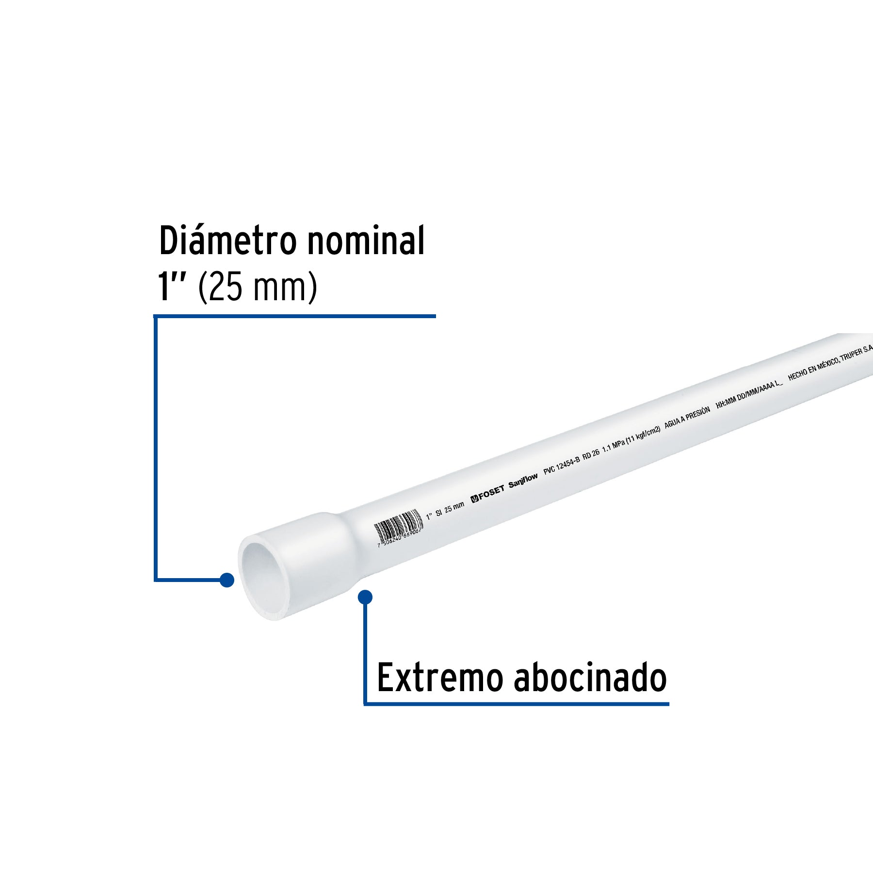 Tubo de 1" PVC hidráulico RD 26, 3m, 0.6kg, FOSET