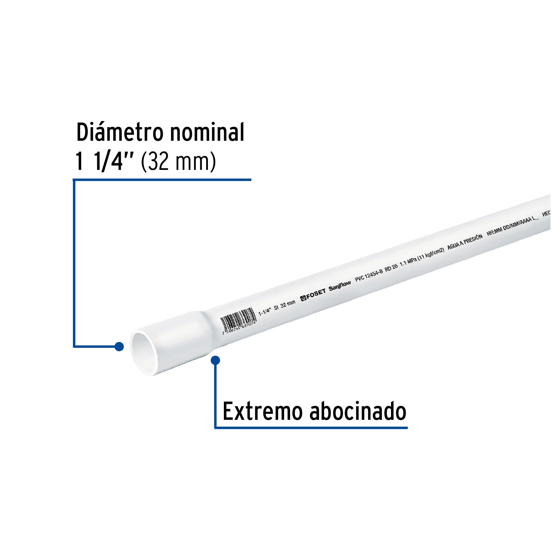 Tubo de 1-1/4" PVC hidráulico RD 26, 3m, 0.9kg, FOSET
