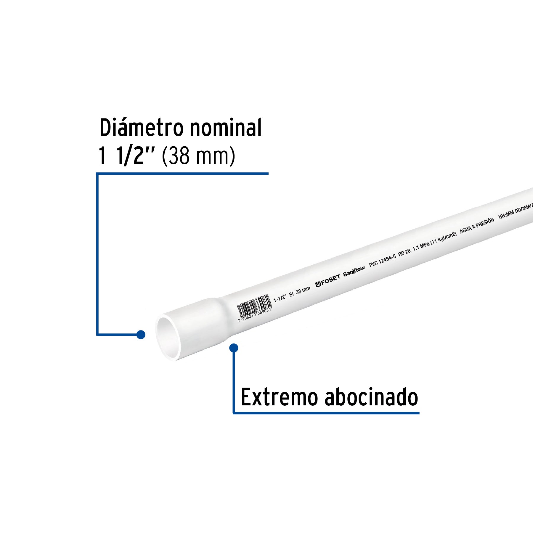 Tubo de 1-1/2" PVC hidráulico RD 26, 3m, 1.2kg, FOSET