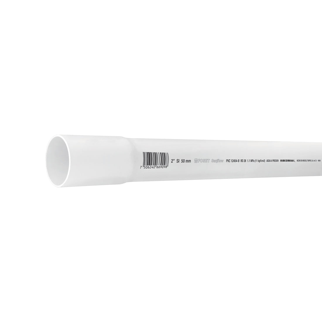 Tubo de 2" PVC hidráulico RD 26, 3m, 1.8kg, FOSET