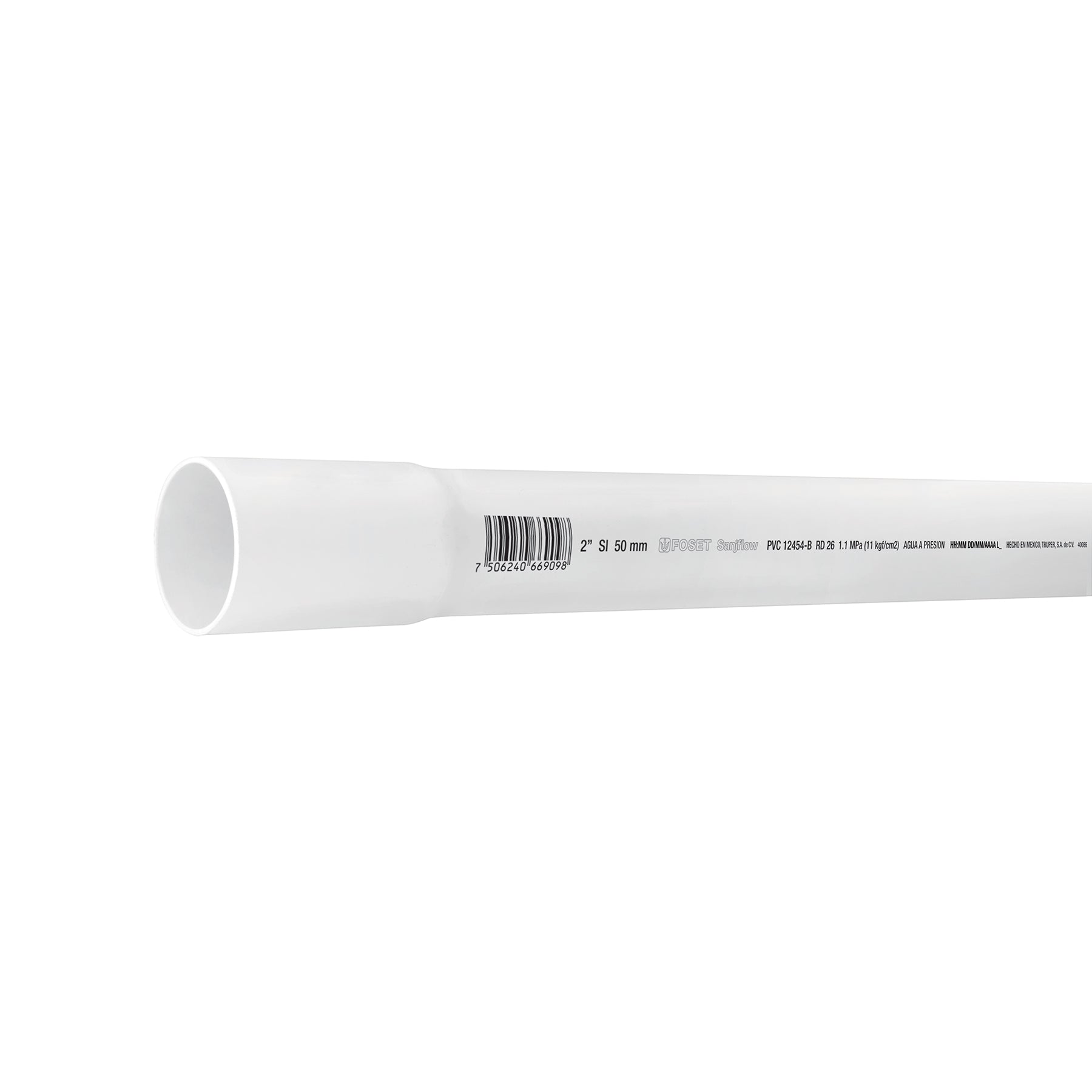 Tubo de 2" PVC hidráulico RD 26, 3m, 1.8kg, FOSET