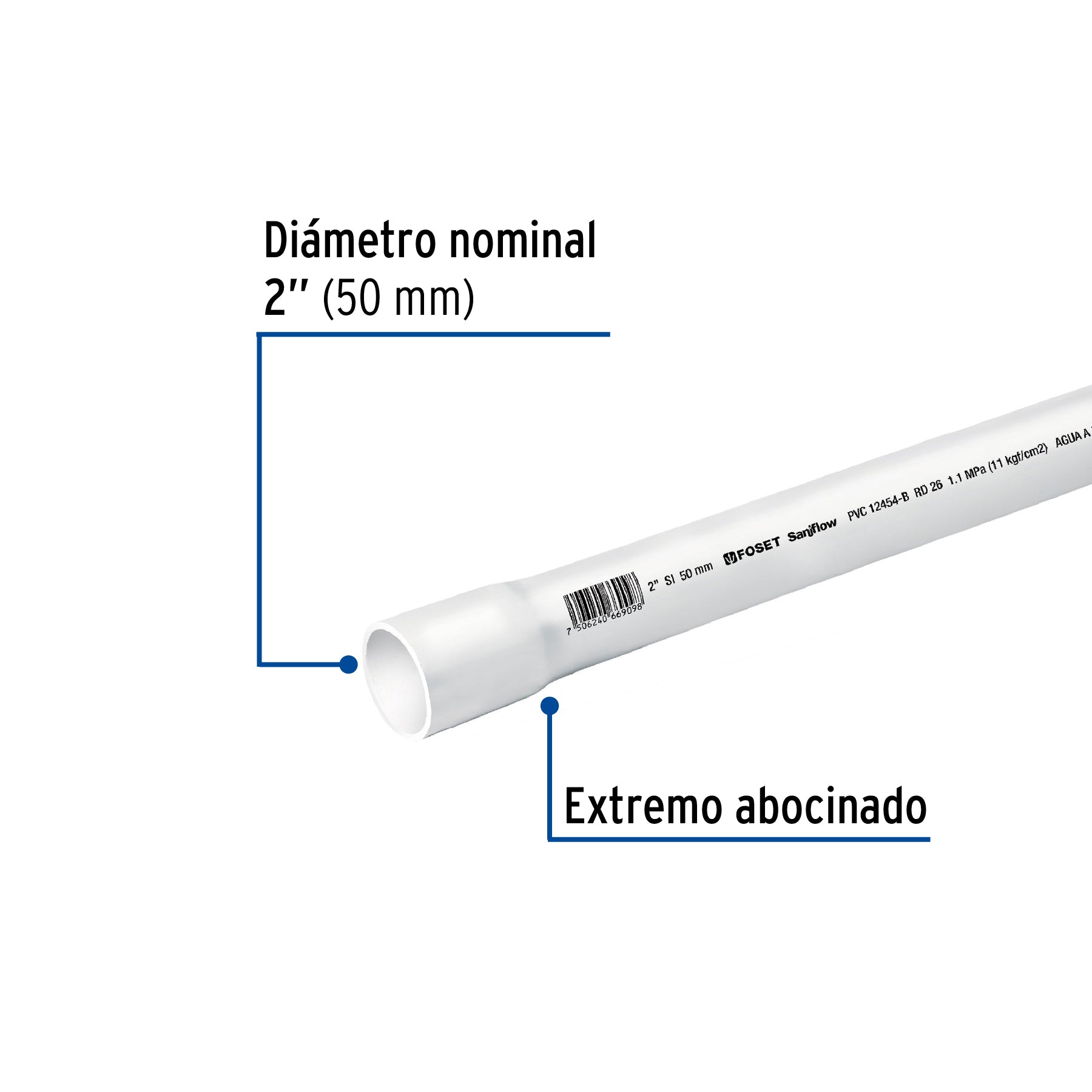 Tubo de 2" PVC hidráulico RD 26, 3m, 1.8kg, FOSET