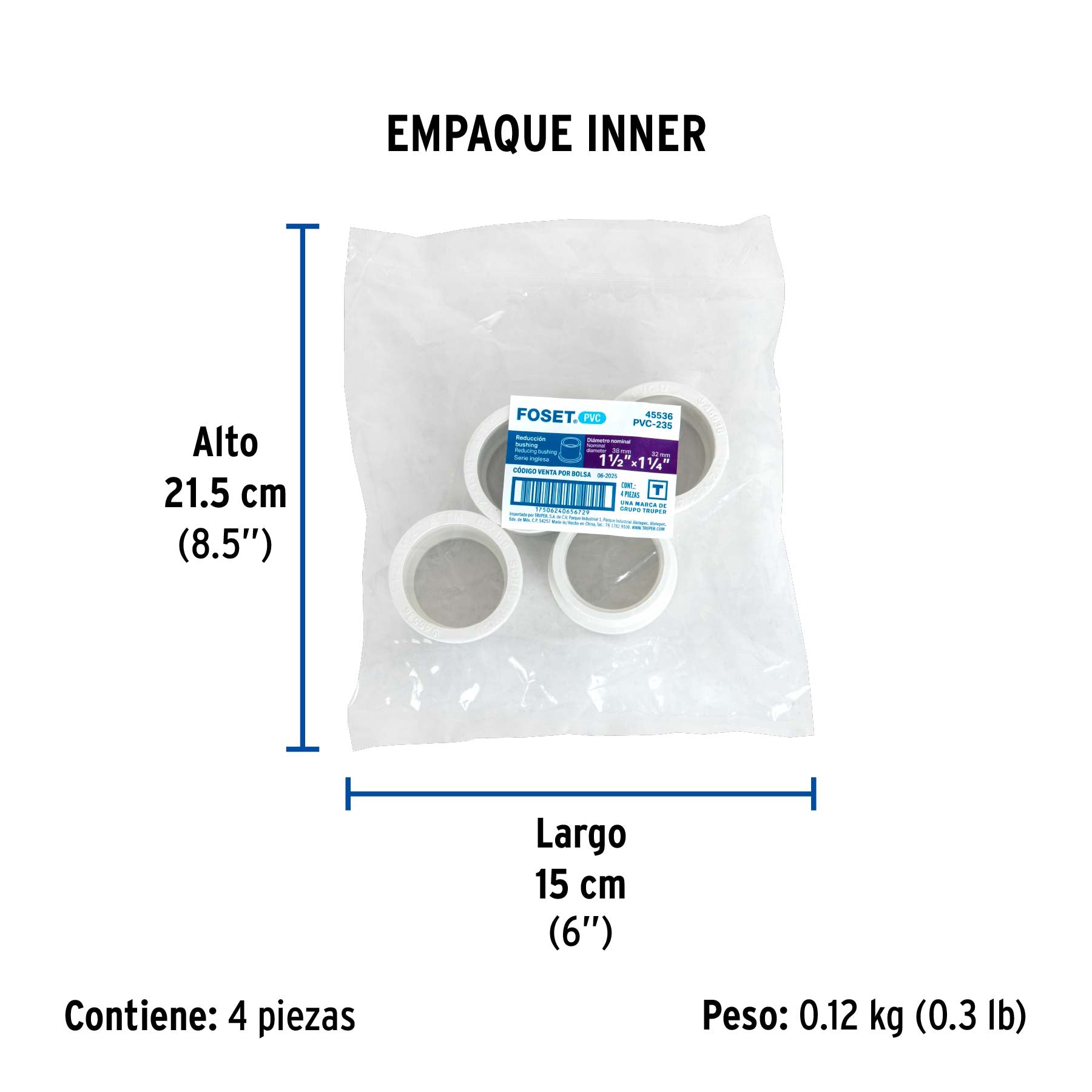 Reducción bushing de PVC 1-1/2 x 1-1/4", FOSET - Empaque