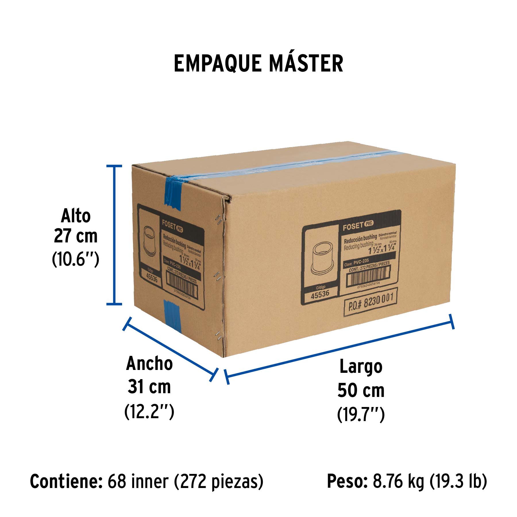 Reducción bushing de PVC 1-1/2 x 1-1/4", FOSET - Empaque