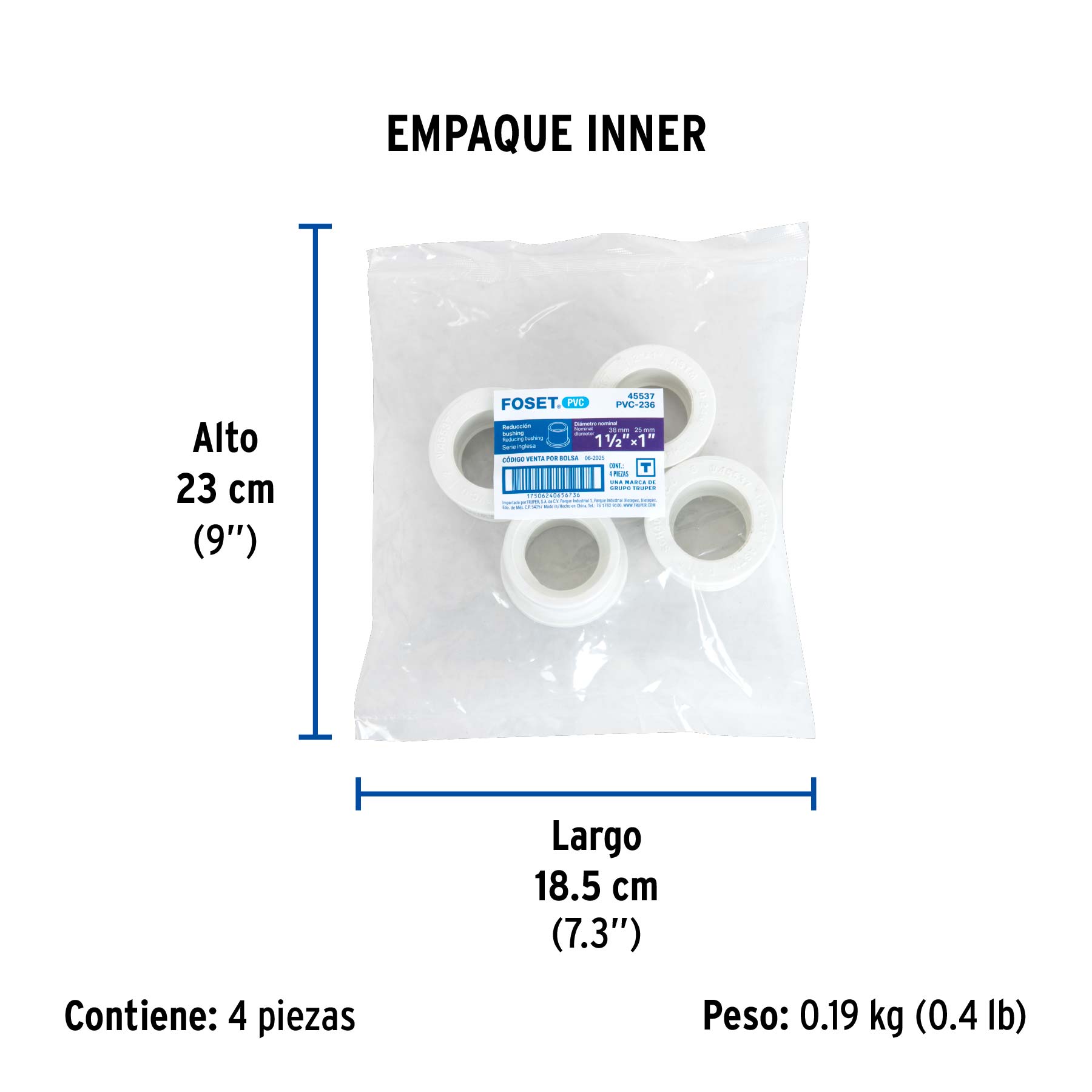 Reducción bushing de PVC 1-1/2 x 1", FOSET - Empaque