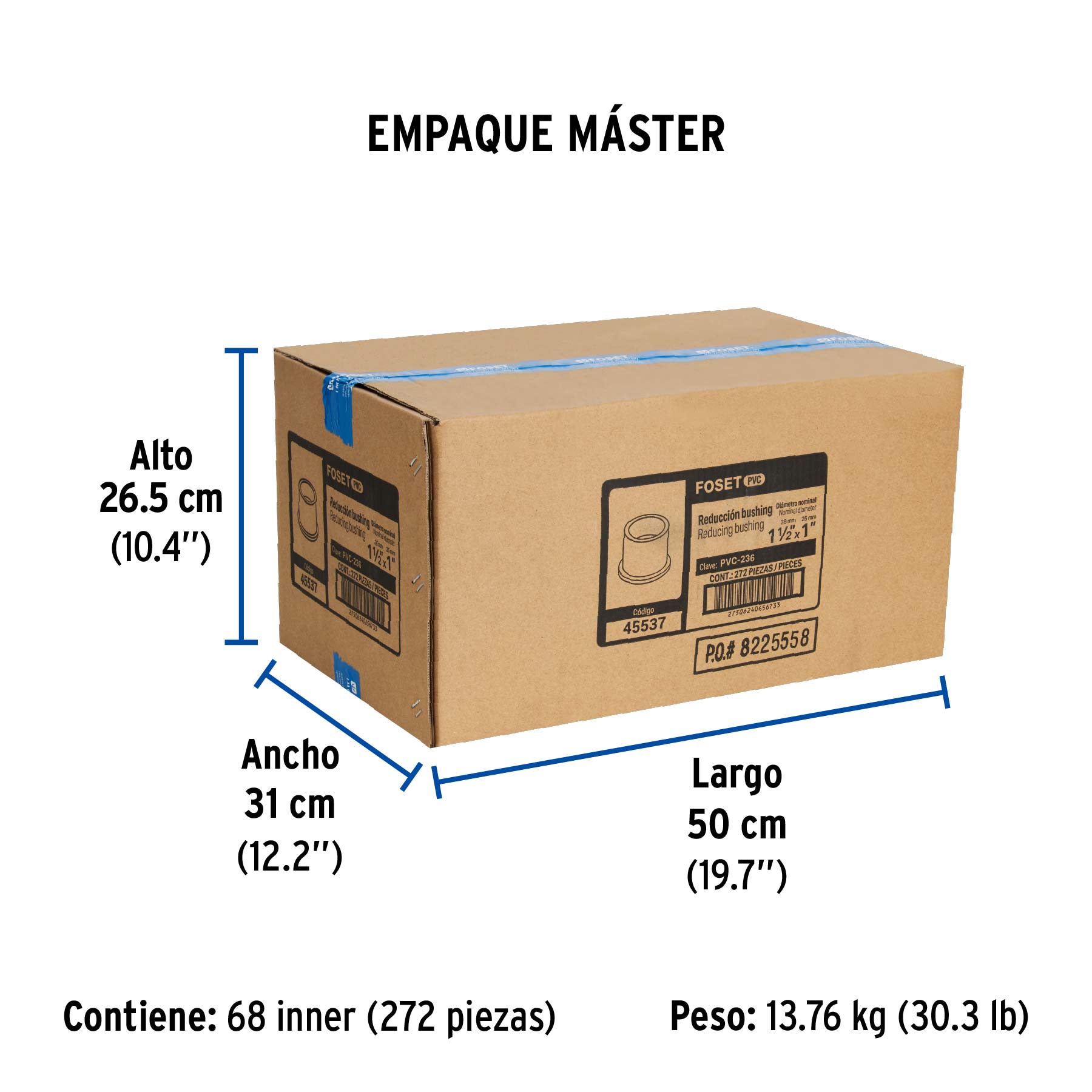 Reducción bushing de PVC 1-1/2 x 1", FOSET - Empaque