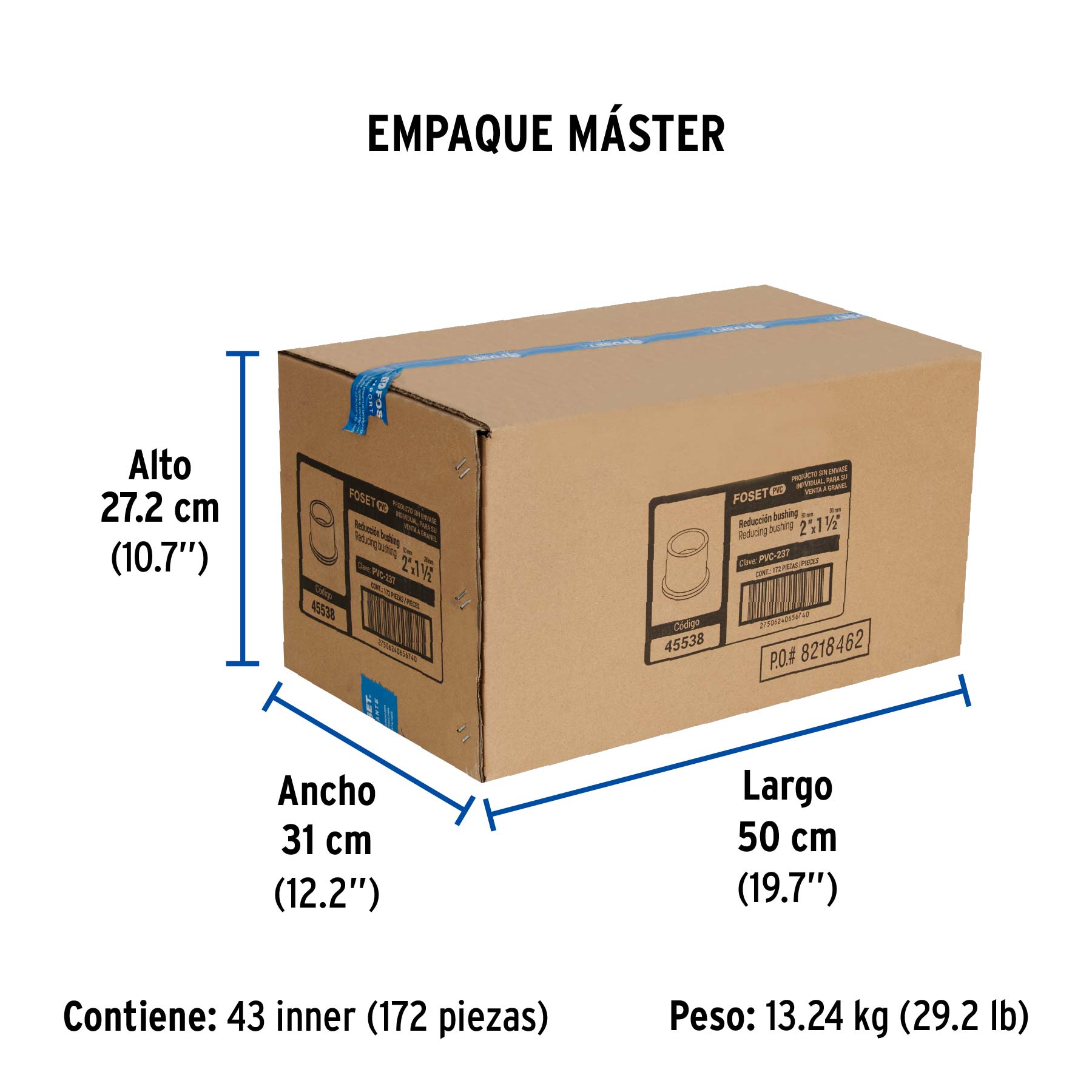 Reducción bushing de PVC 2 x 1-1/2", FOSET - Empaque