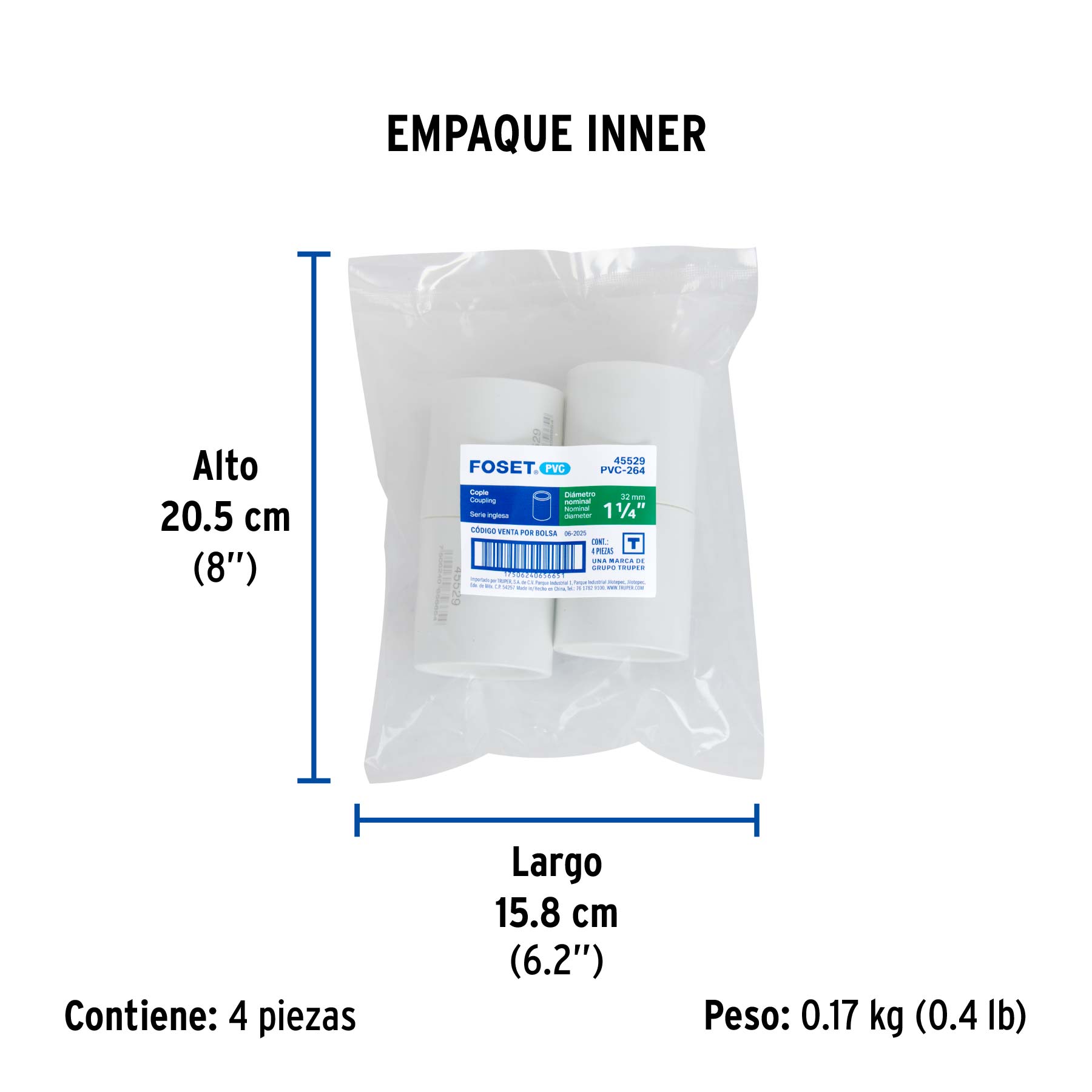 Cople de PVC cédula 40 de 1-1/4", FOSET - Empaque