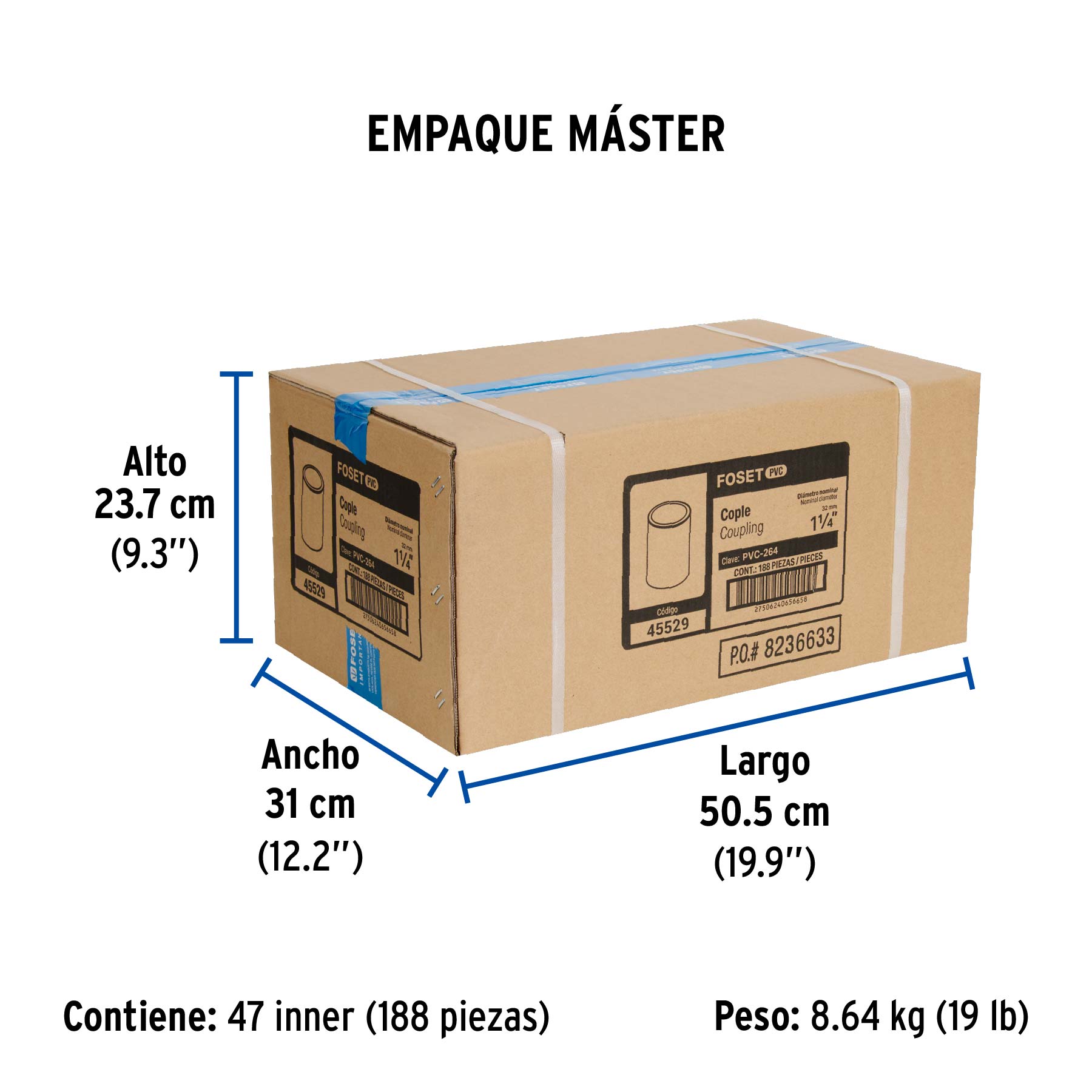 Cople de PVC cédula 40 de 1-1/4", FOSET - Empaque