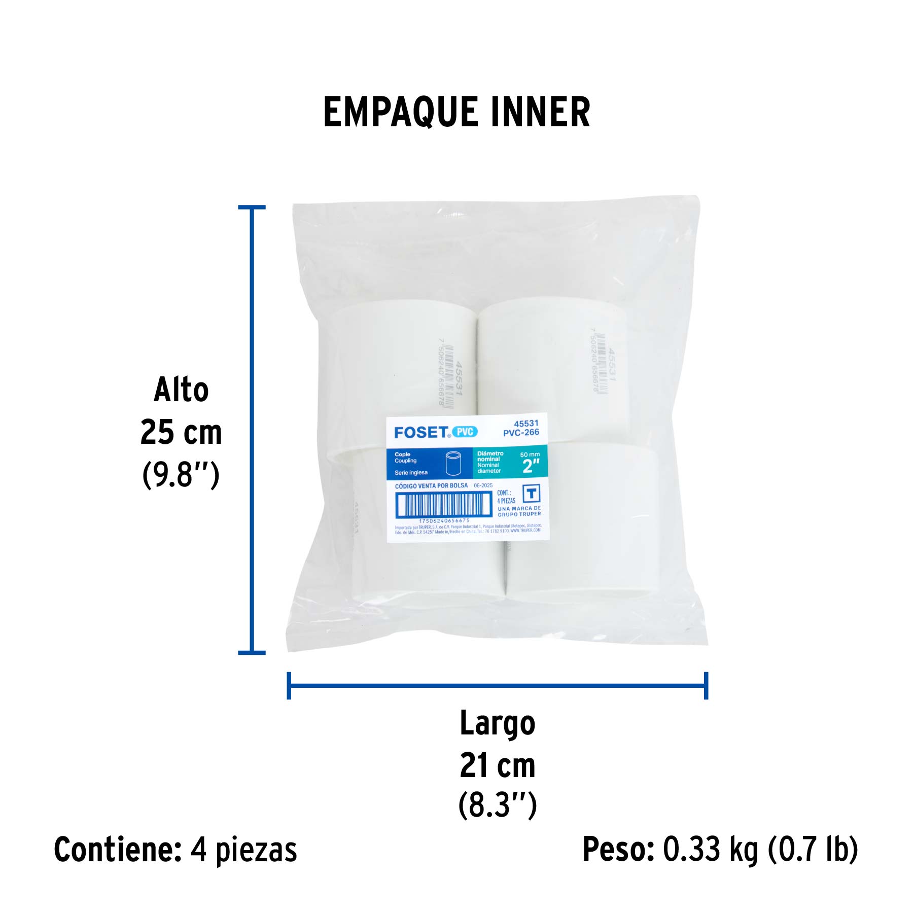 Cople de PVC cédula 40 de 2", FOSET - Empaque