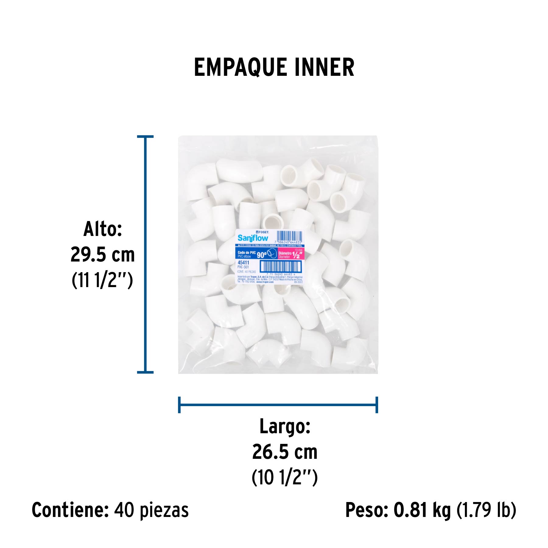 Codo 90° de PVC de 1/2", FOSET - Empaque