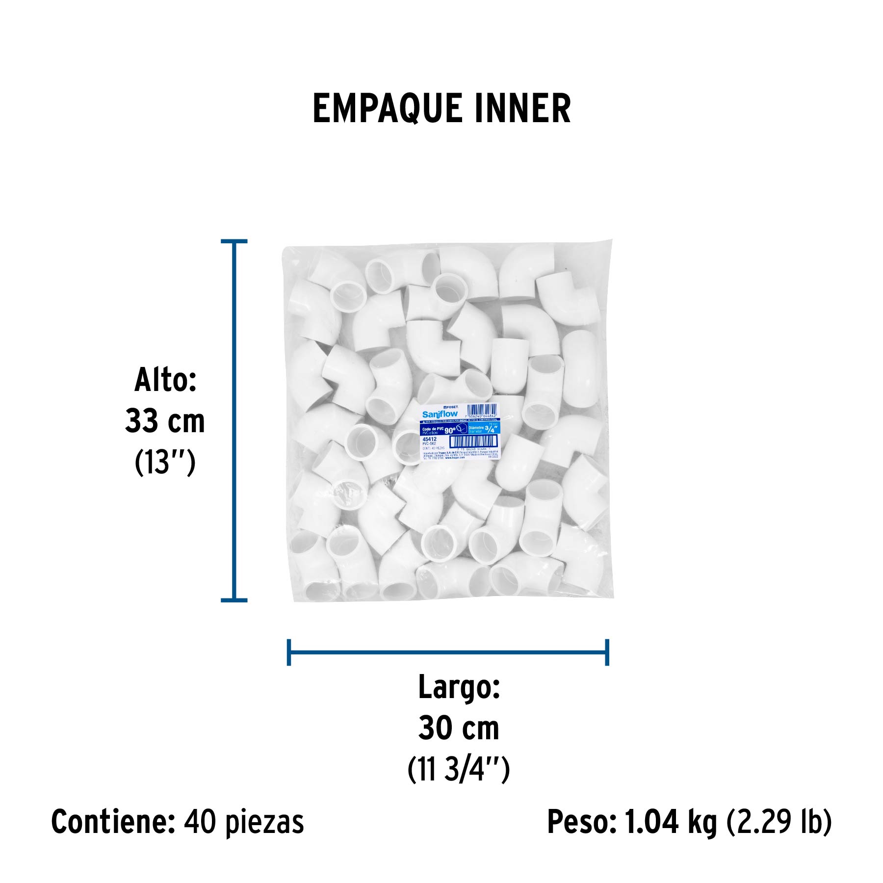 Codo 90° de PVC de 3/4", FOSET - Empaque