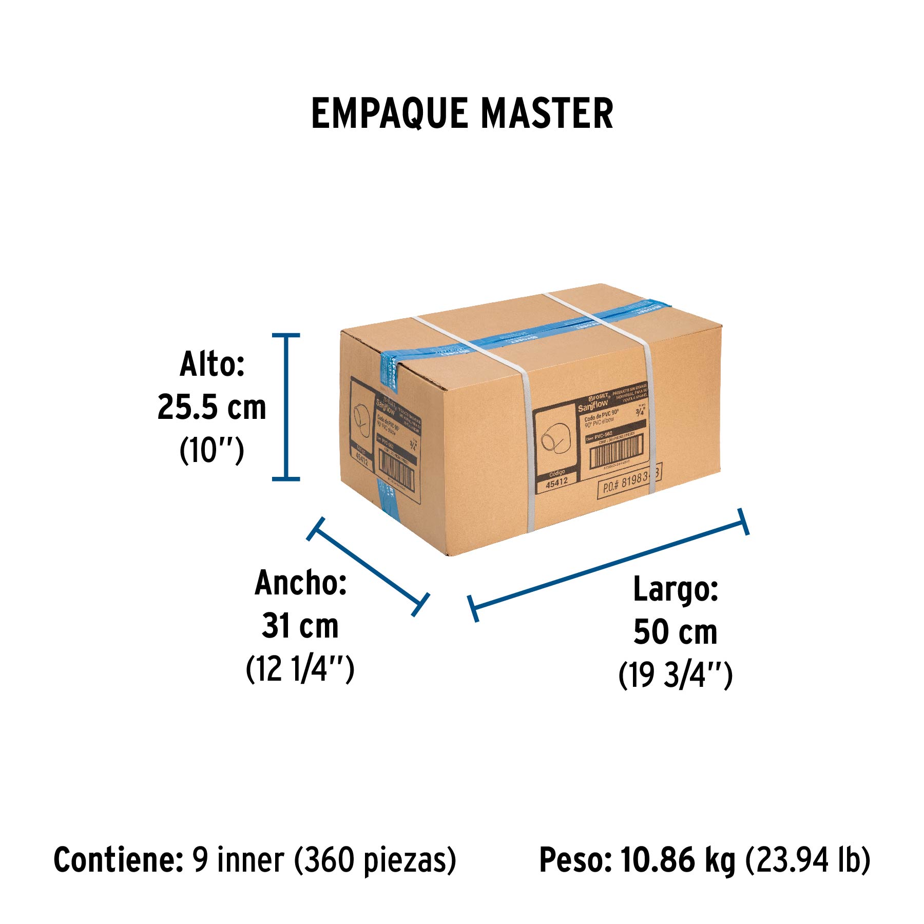 Codo 90° de PVC de 3/4", FOSET - Empaque