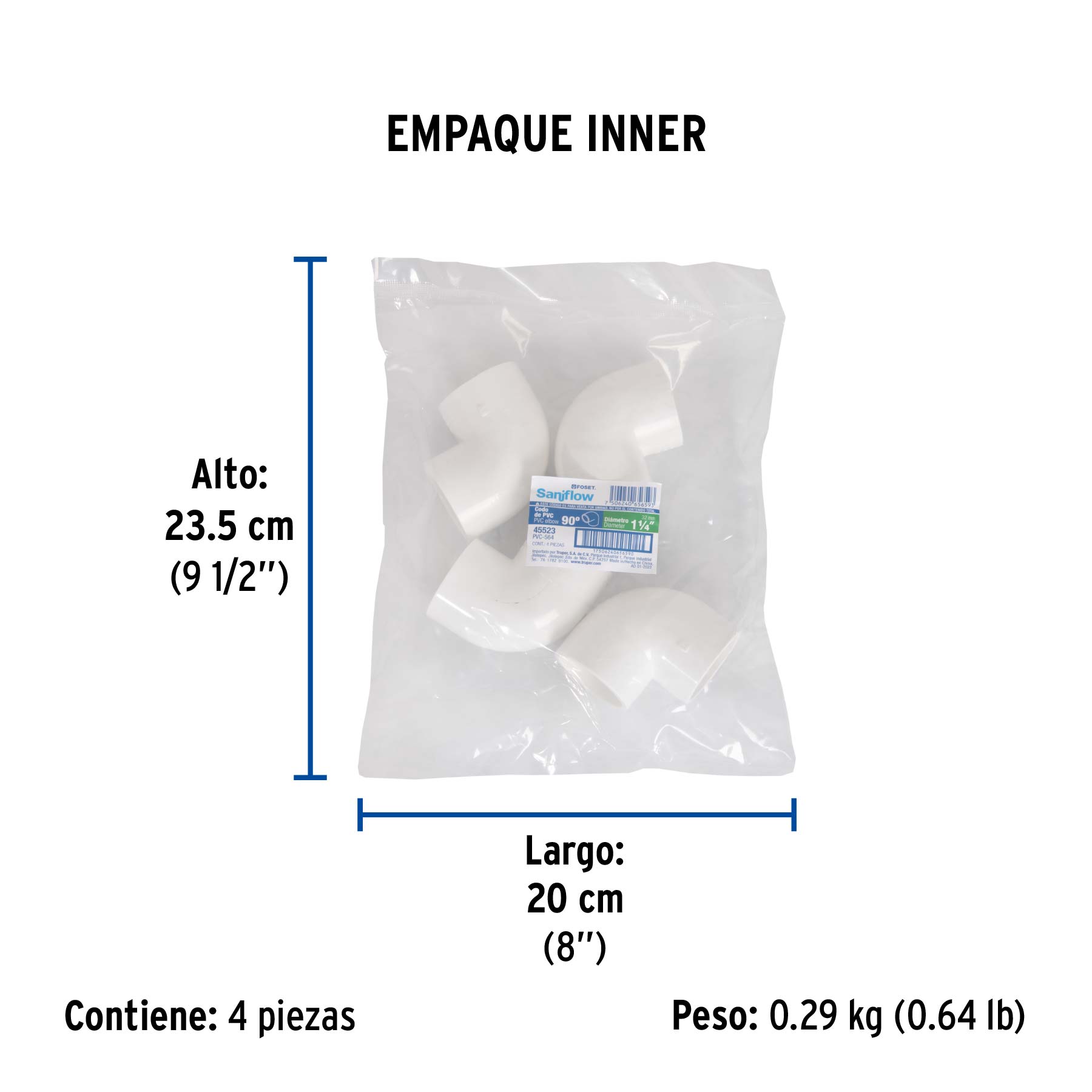 Codo 90° de PVC de 1-1/4", FOSET - Empaque