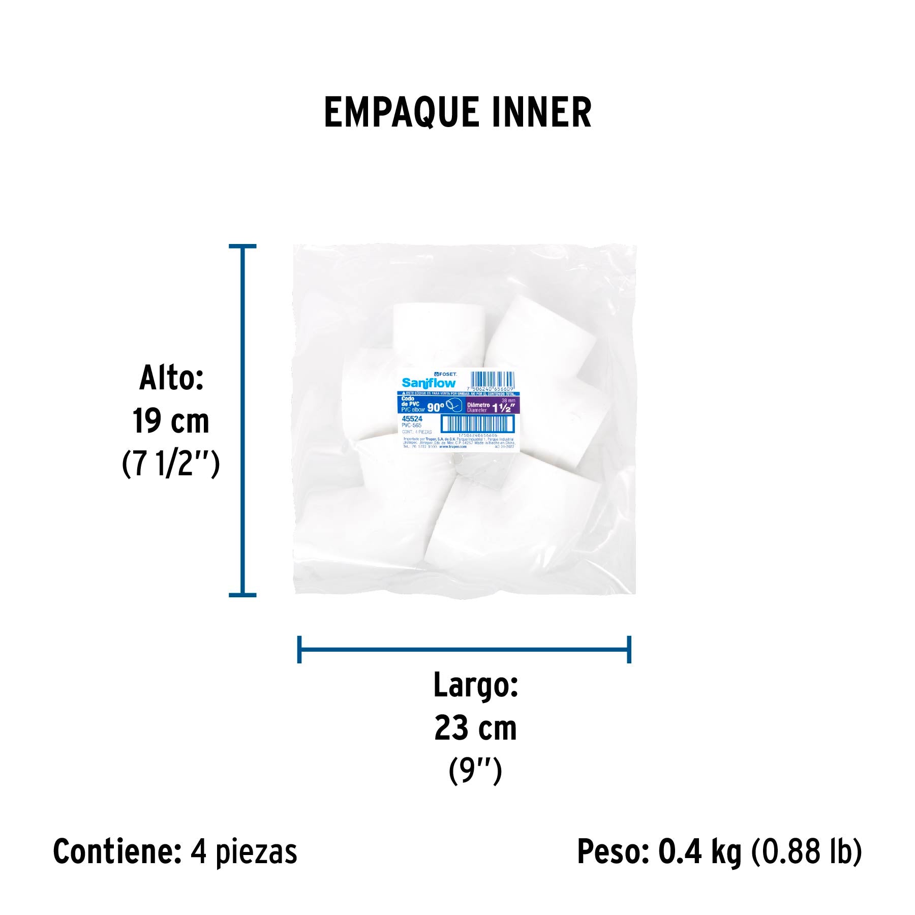 Codo 90° de PVC de 1-1/2", FOSET - Empaque