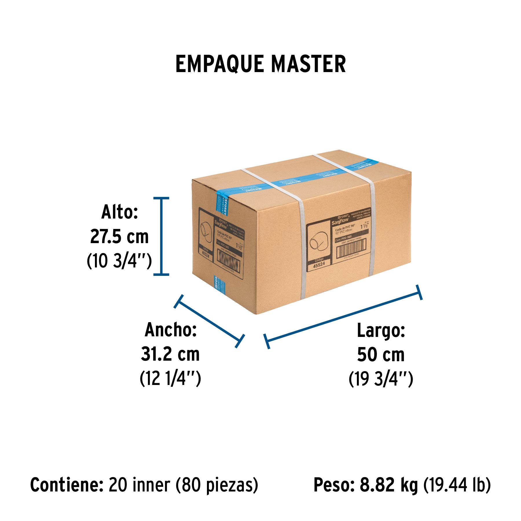 Codo 90° de PVC de 1-1/2", FOSET - Empaque