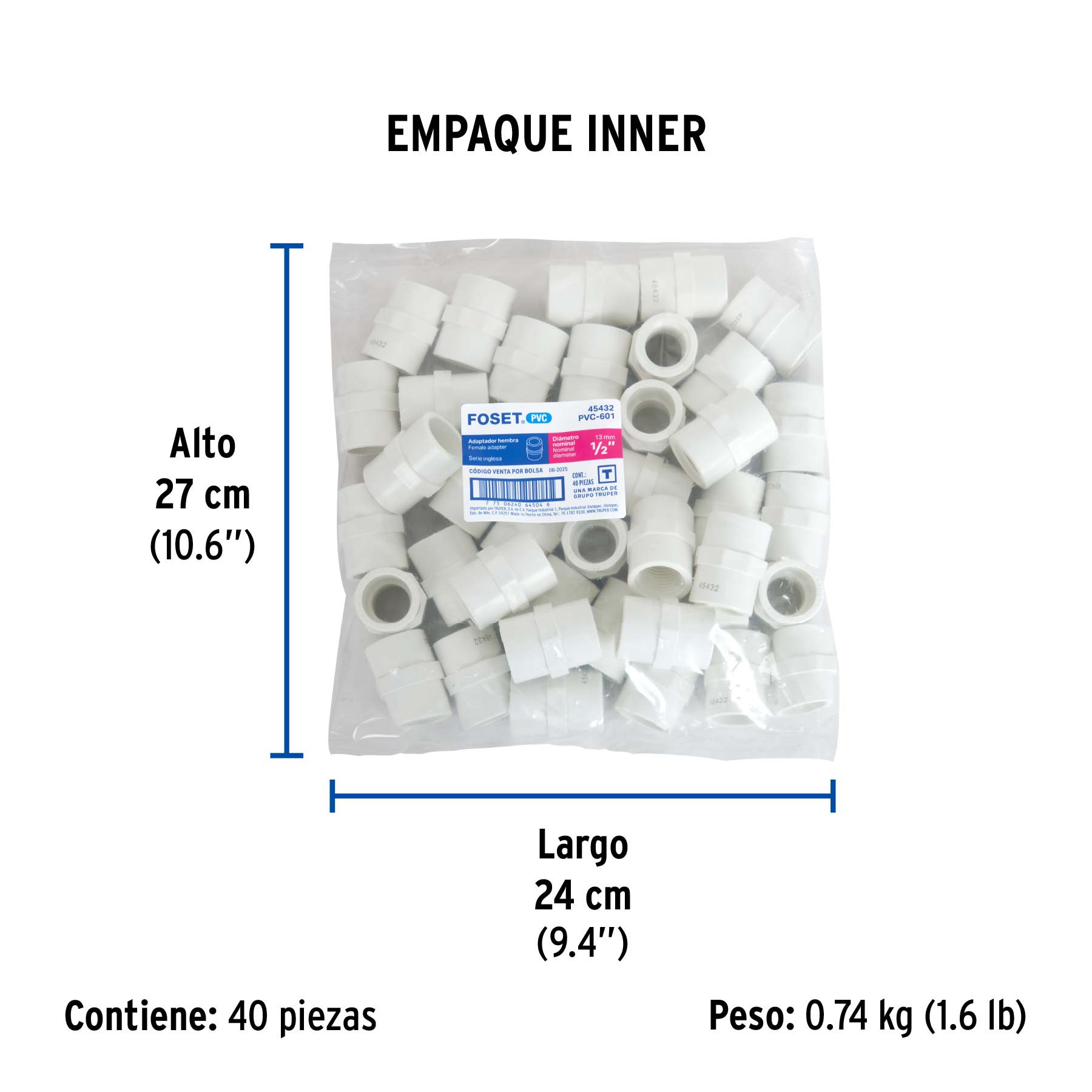 Adaptador hembra de PVC 1/2", FOSET - Empaque