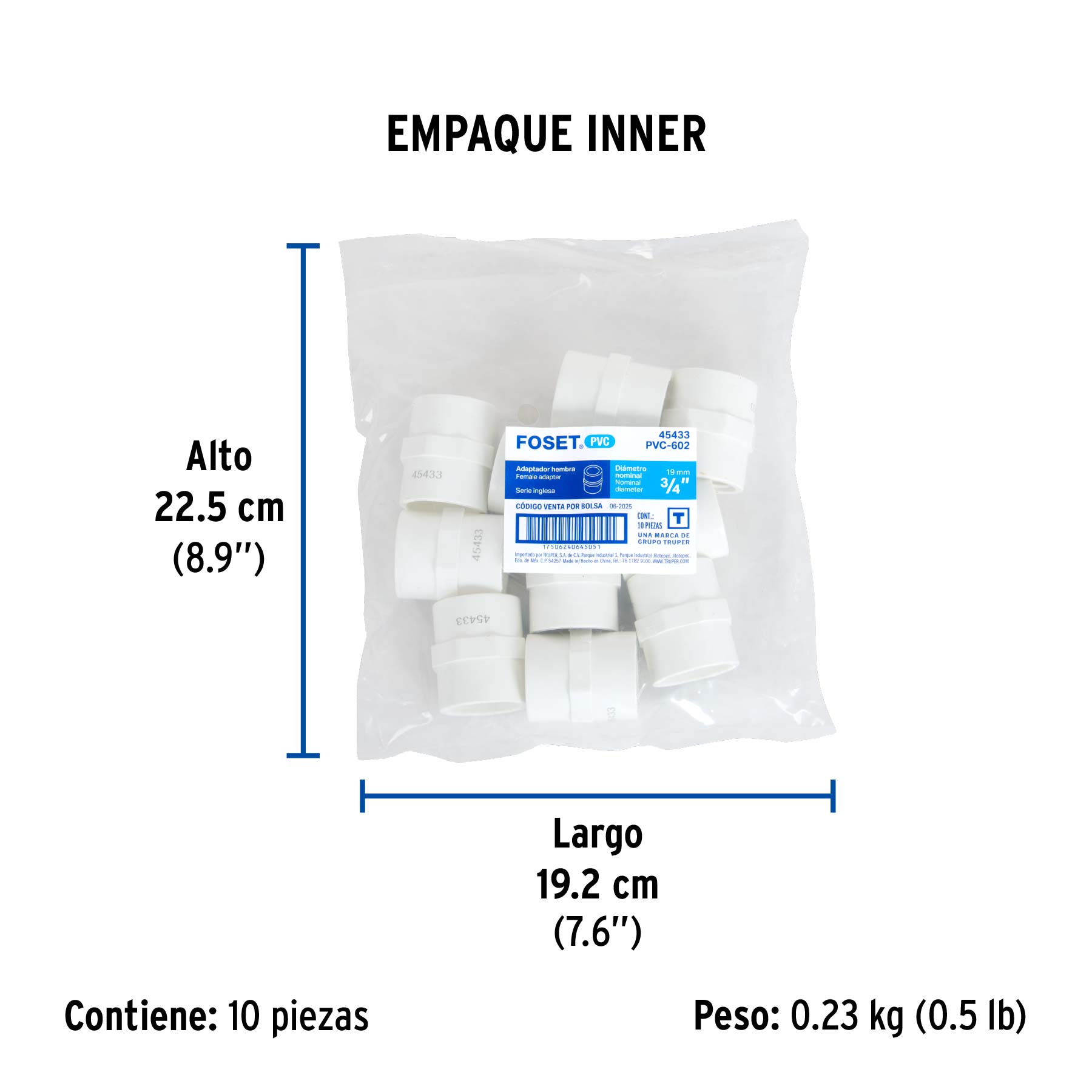 Adaptador hembra de PVC 3/4", FOSET - Empaque