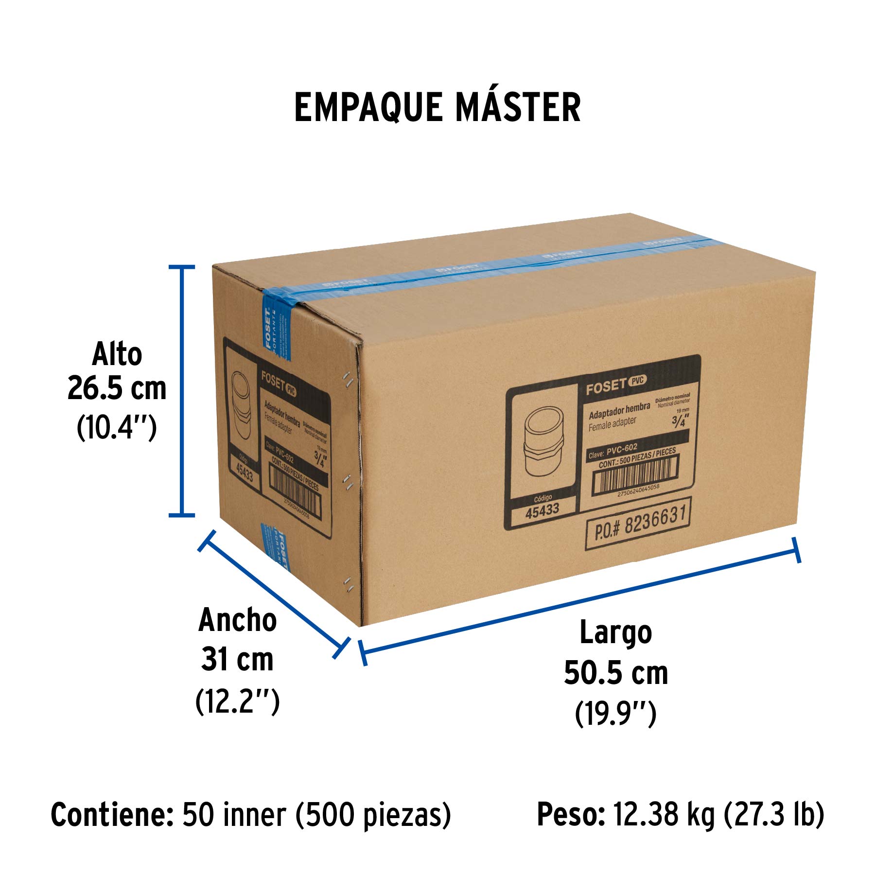 Adaptador hembra de PVC 3/4", FOSET - Empaque