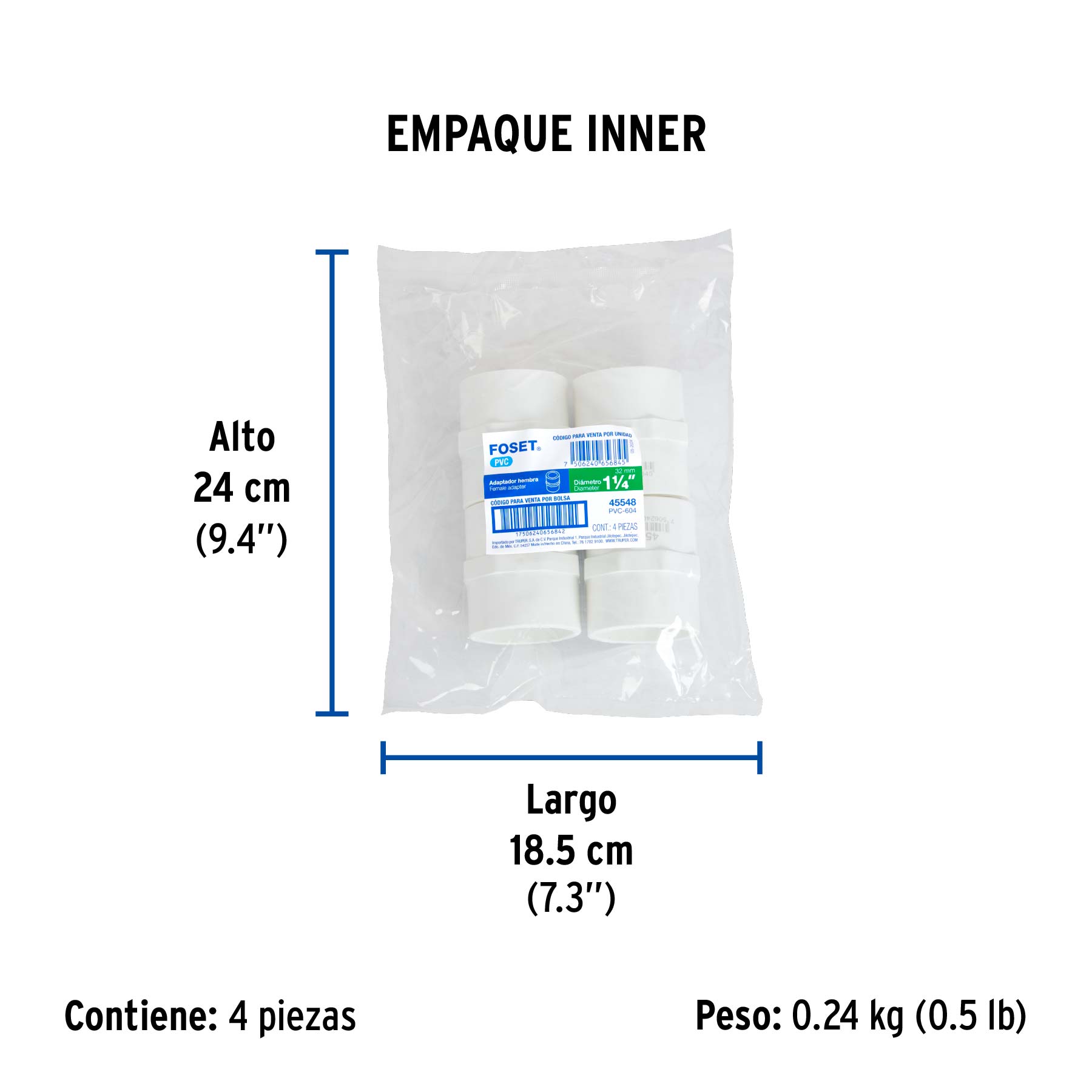 Adaptador hembra de PVC 1-1/4", FOSET - Empaque