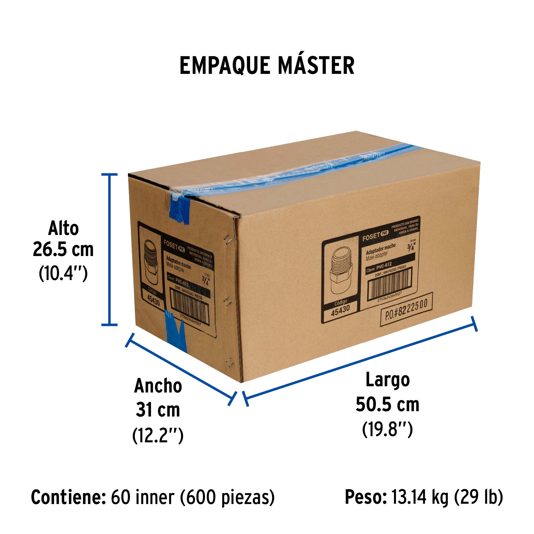Adaptador macho de PVC de 3/4", FOSET - Empaque