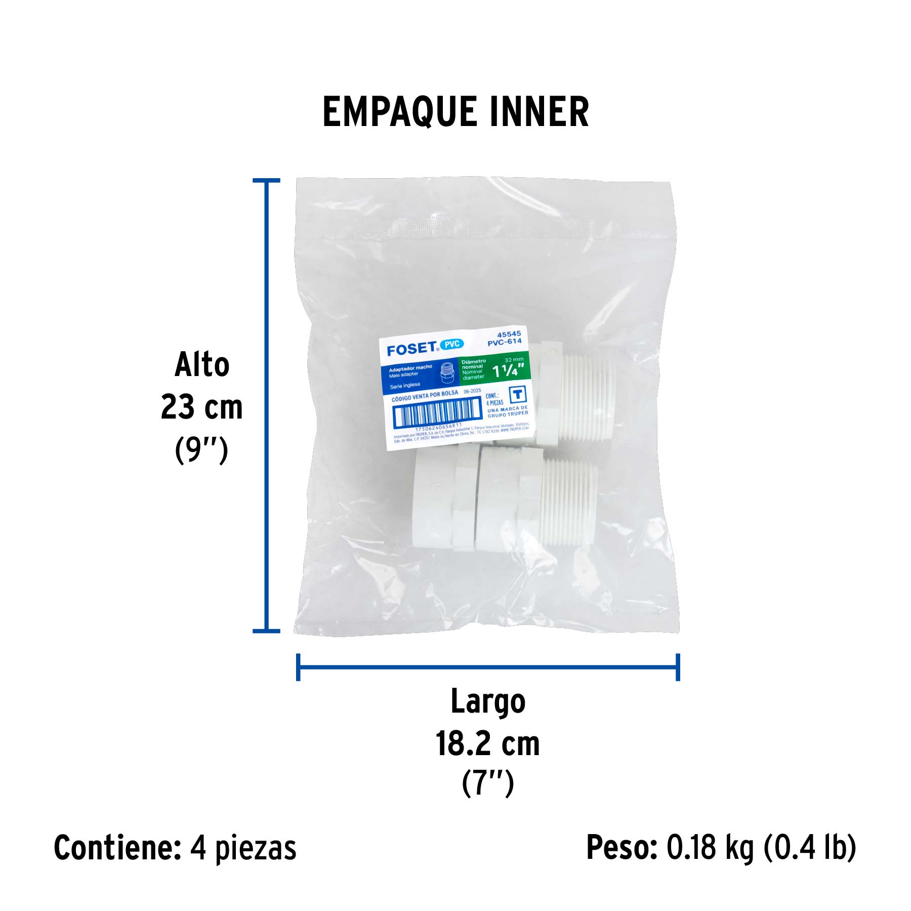 Adaptador macho de PVC de 1-1/4", FOSET - Empaque